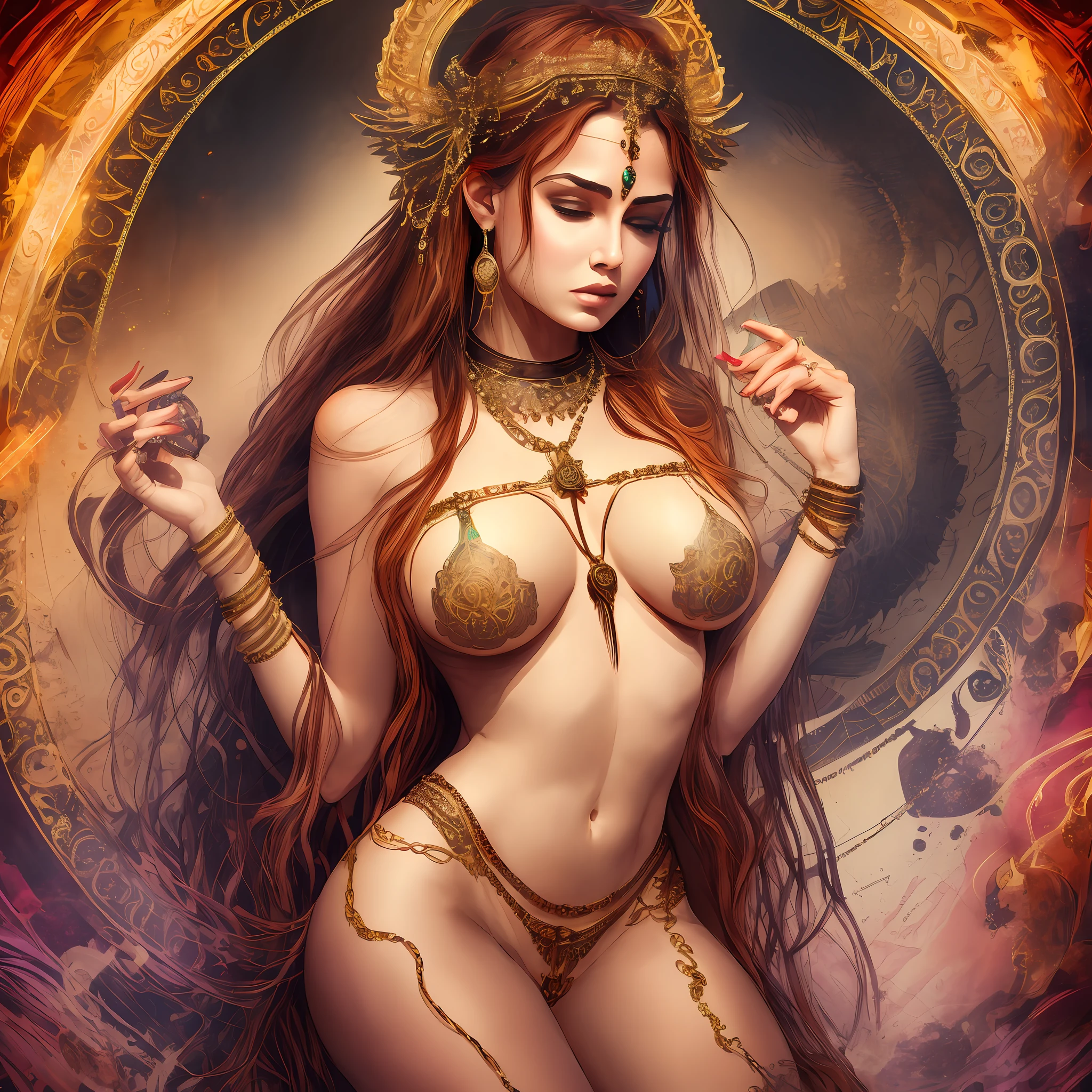 a beautiful and sensual deity with a pentagram necklace around her neck and holding a phallic shape in her left hand --auto --s2