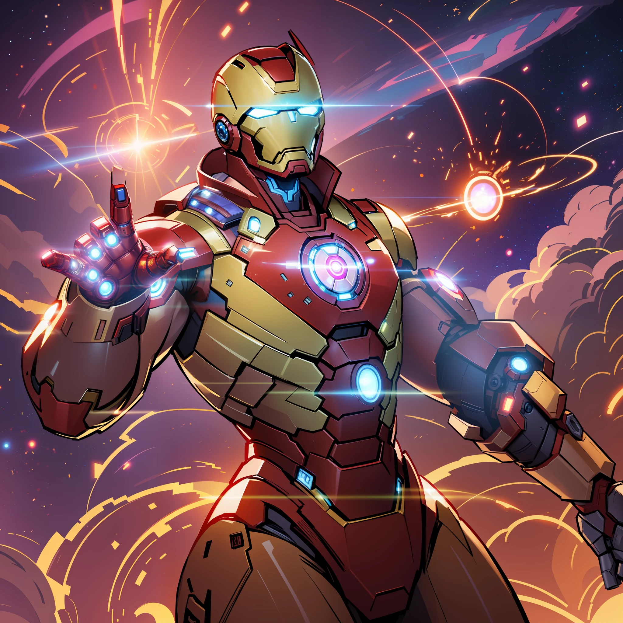 avengers war machine with glowing armor and glowing lights, like ironman, superior iron man, ironman, iron man, portrait of iron man, cyberpunk iron man, high detailed official artwork, in style of marvel, concept art of tony stark, tony stark, mkbhd as iron man, iconic character splash art, epic full color illustration, marvel style, marvel comic style