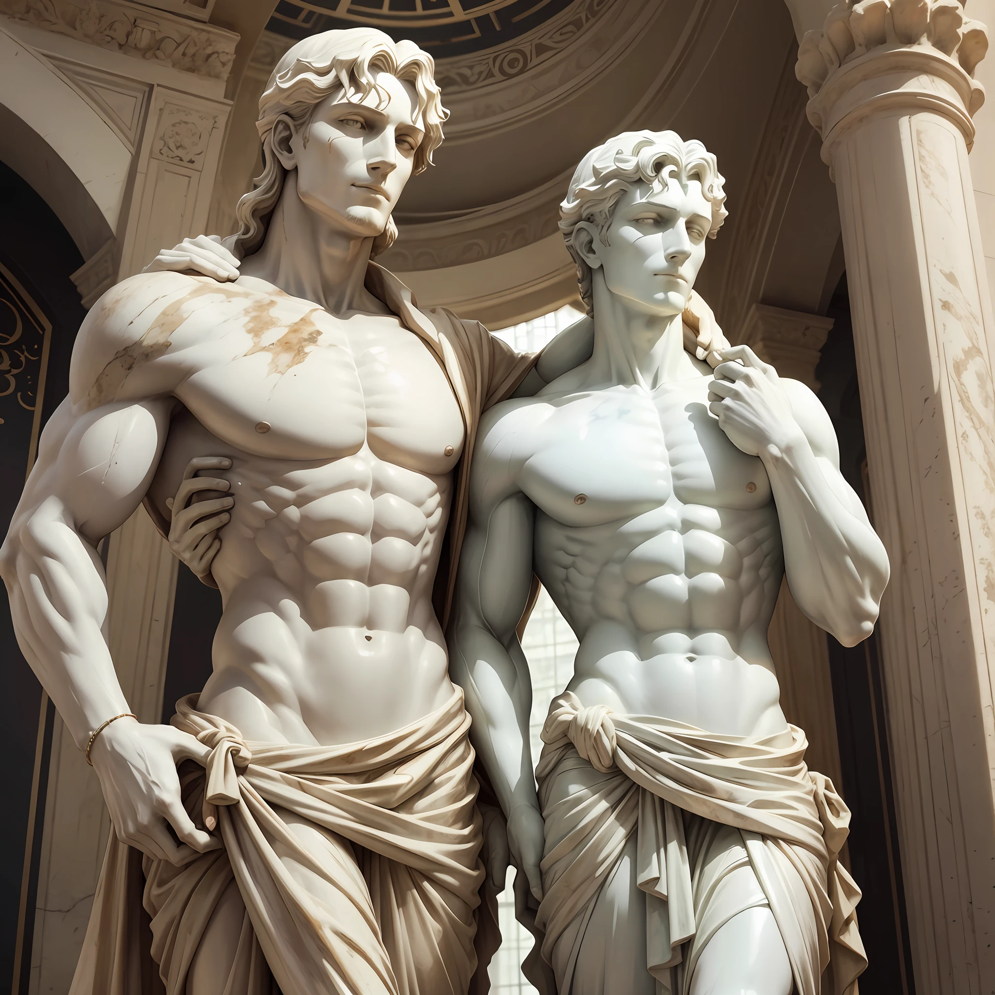 a marble statue of two handsome men holding a in their left hand --auto --s2