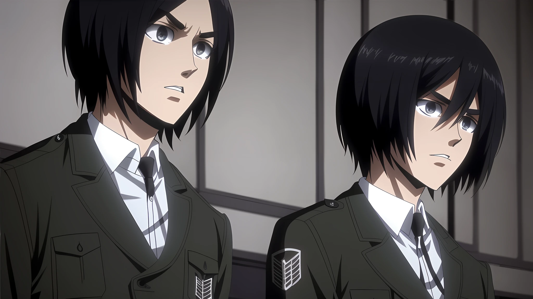 best quality, masterpiece, (realistic: 1.2), 1 man, Eren Jaeger, black jeans, black pants, brown hair, attack on Titan, cold background, black jacket, slim body, high definition, high quality, black clothes