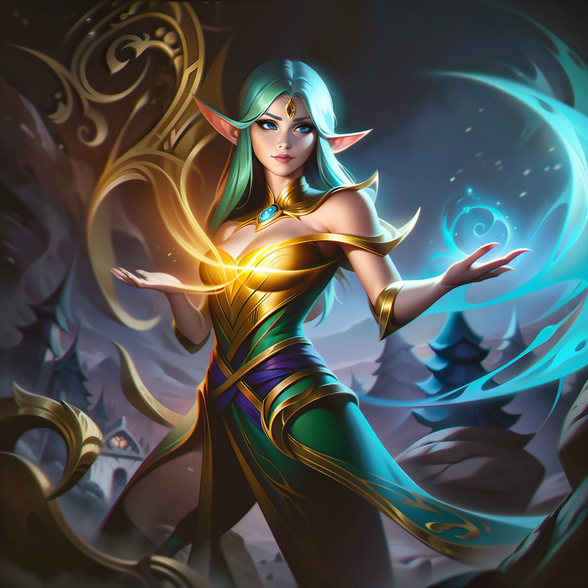 woman + elf + spell + music + gold splashart, splashart, league of legends splashart, art, brushstroke, masterpiece, 8k, ultra detailed, HD