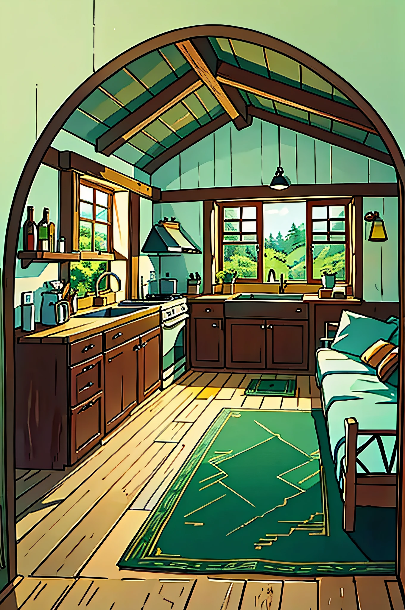 (best-quality:0.8), (best-quality:0.8), perfect anime illustration, interior of a lovely and cozy cottage in the woods
