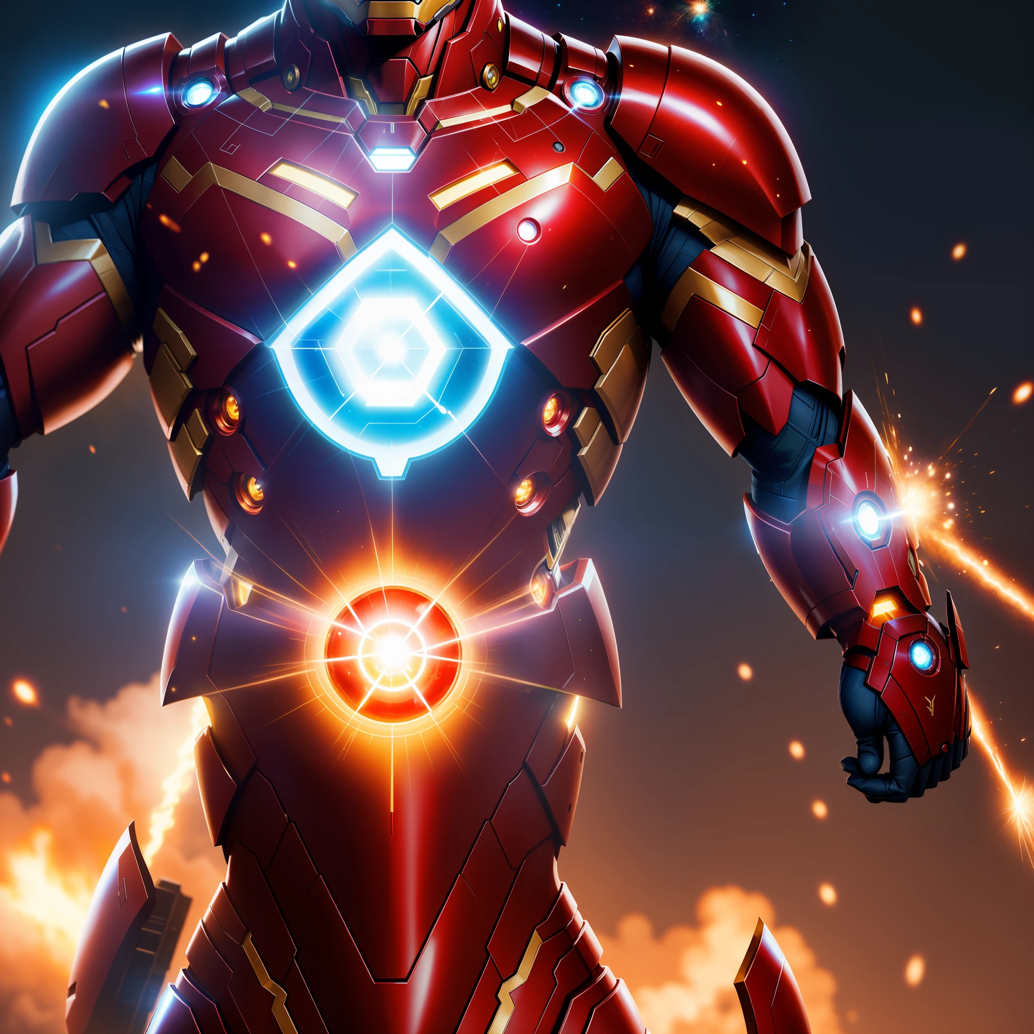Iron man, with all the jewels of infinity. (Hell,Marvel,Superhero),(illuminated profile, classic or detailed form), (epic scene, heroic sacrifice), (particle effect, explosion, supernatural energies, zero gravity), (universe in danger, intergalactic threat),(maximum quality, exceptional lighting, ultra-clear definition), (immersive composition, depth of field, dynamic camera), (strong colors, extreme saturation, heroic tone)