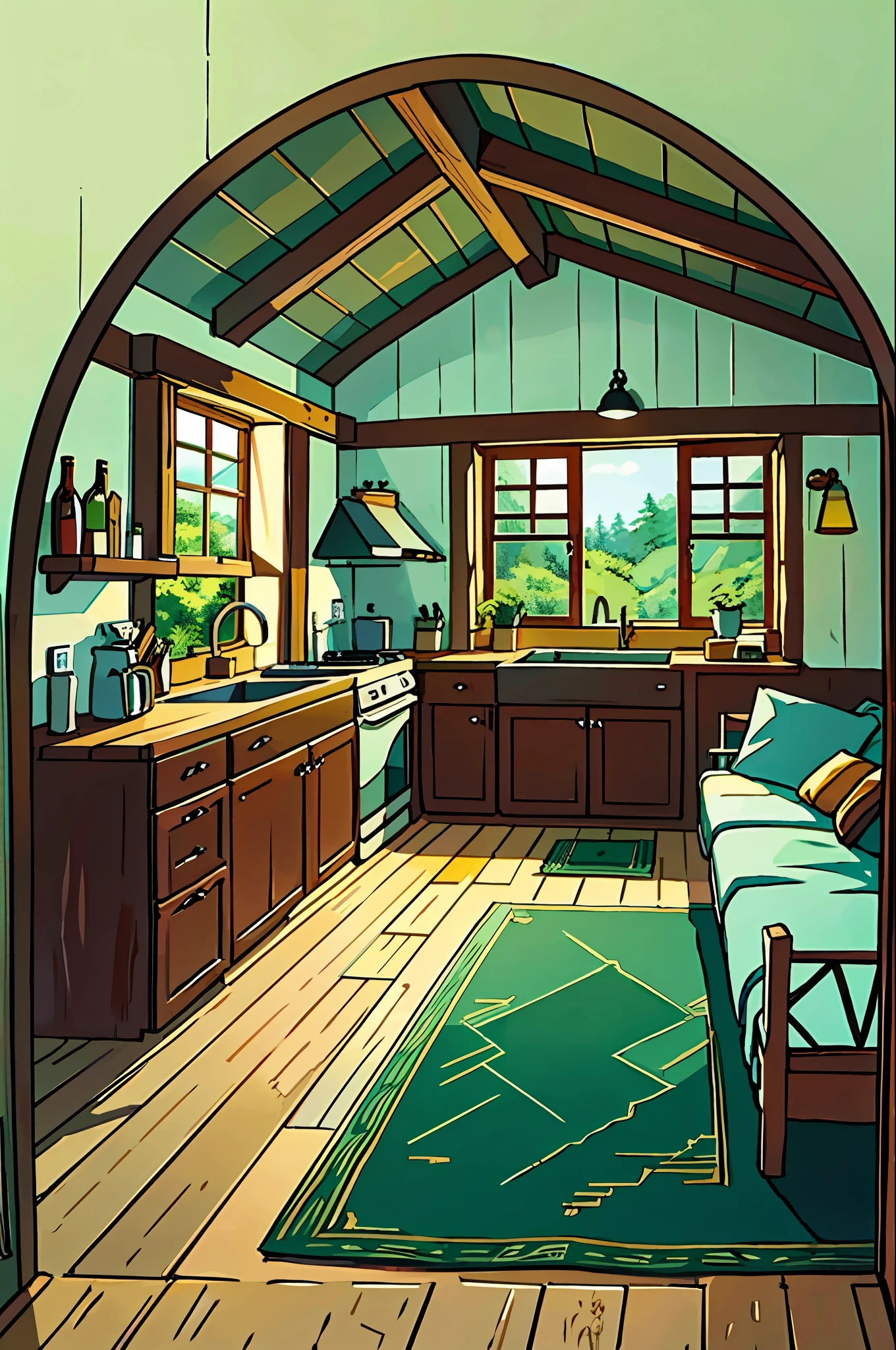 (best-quality:0.8), (best-quality:0.8), perfect anime illustration, interior of a lovely and cozy cottage in the woods