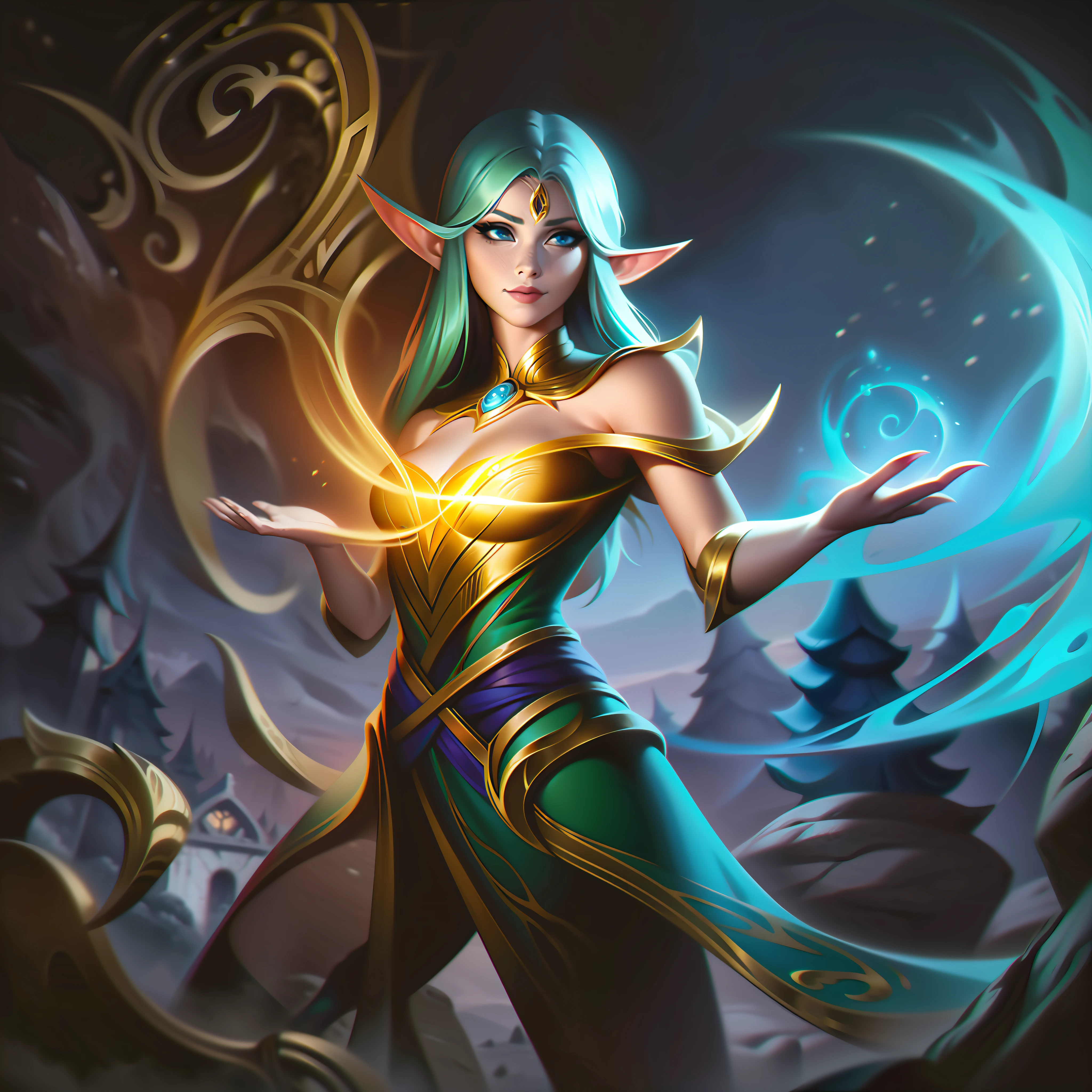 woman + elf + spell + music + gold splashart, splashart, league of legends splashart, art, brushstroke, masterpiece, 8k, ultra detailed, HD