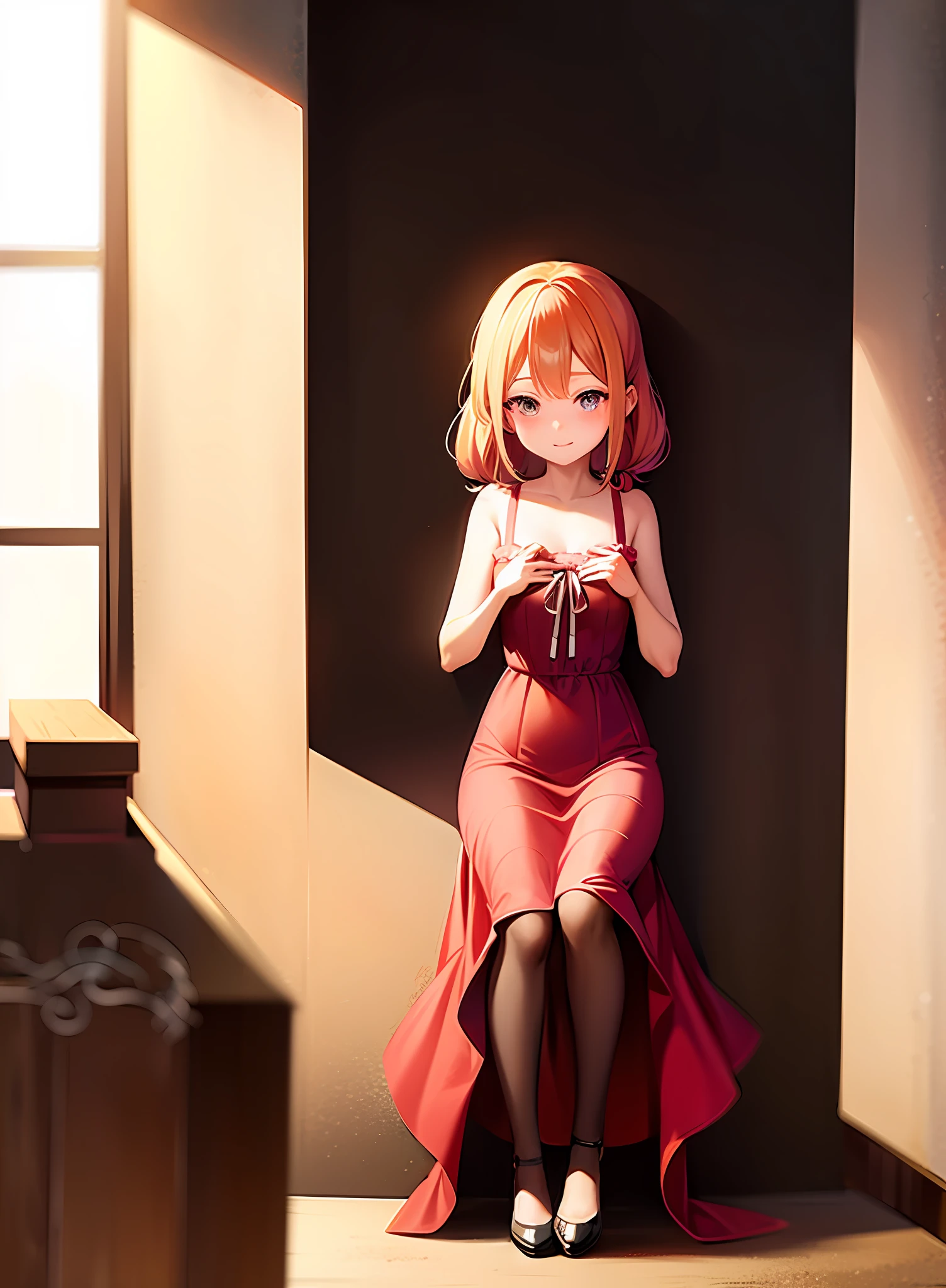 Anime girl in a red dress leaning against a wall, Loli in dress, Hanayamata, anime look of a cute girl, beautiful high school anime anime, soft anime CG art, anime girl is crouched, happy!!!, best anime girl, A-1 photos, lolish, anime moe artstyle, beautiful anime girl squat