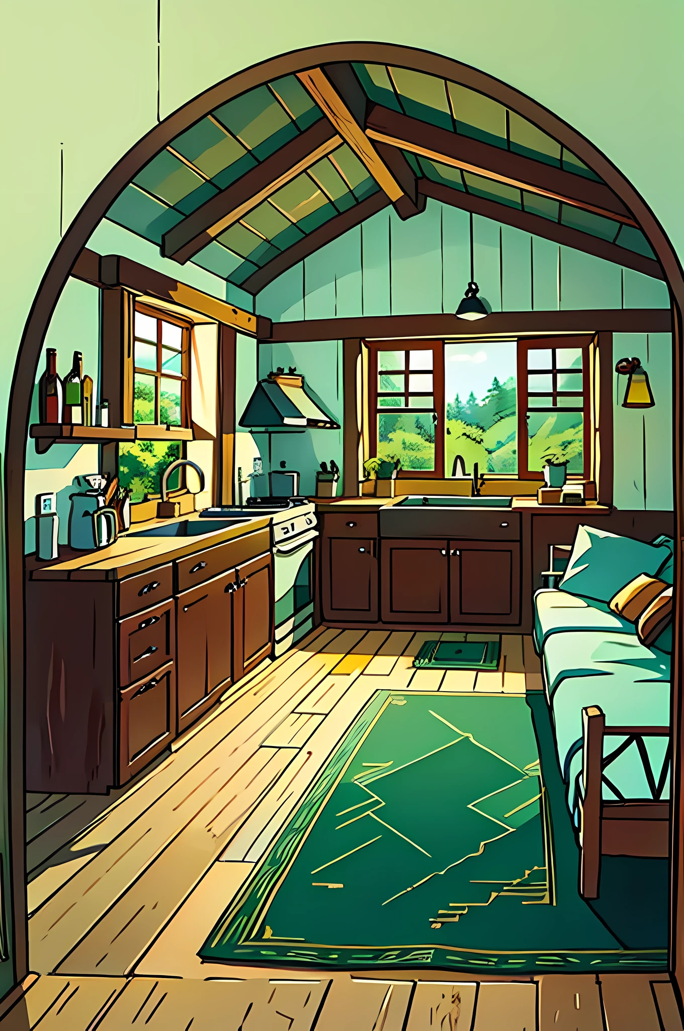 (best-quality:0.8), (best-quality:0.8), perfect anime illustration, interior of a lovely and cozy cottage in the woods