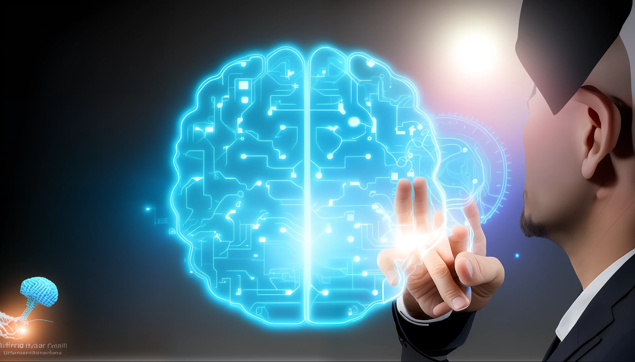 arafed image of a man in a suit holding a finger up to a brain model, endless collaboration with ai, strong artificial intelligence, artificial intelligence, brain connected to computer, artificial intelligence!!, cyber augmentation implant, brain interface, circuitry visible in head, the coming ai singularity, with ai theme, electronic brain, neuromorphic chip, intelligence