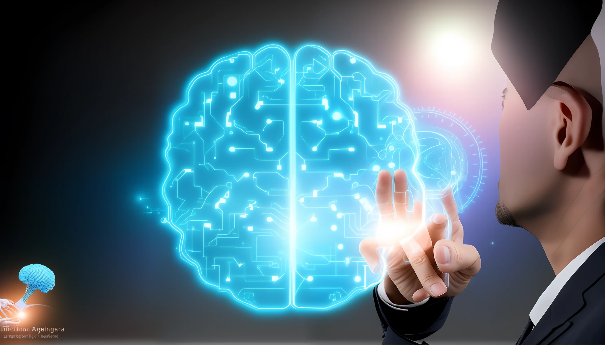 arafed image of a man in a suit holding a finger up to a brain model, endless collaboration with ai, strong artificial intelligence, artificial intelligence, brain connected to computer, artificial intelligence!!, cyber augmentation implant, brain interface, circuitry visible in head, the coming ai singularity, with ai theme, electronic brain, neuromorphic chip, intelligence