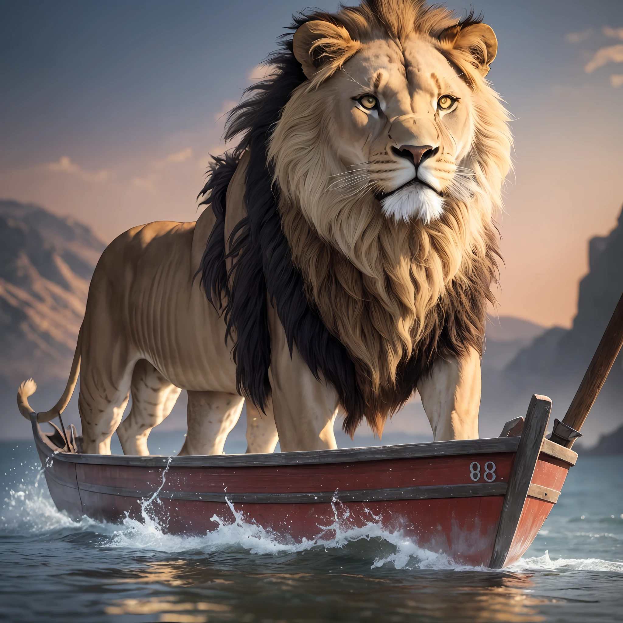 /Imagine: Lion of the tribe of Judar prepared to give the boat to his prey. 8k, uhd, severe low lighting, high quality,real, photoshoot, realistic, perspective, luminescent, bright colors, illusion, atmospheric scene, masterpiece, best quality,rich colors, hyper realistic, realistic texture, sharp focus, fujifilm XT3 --auto --s2