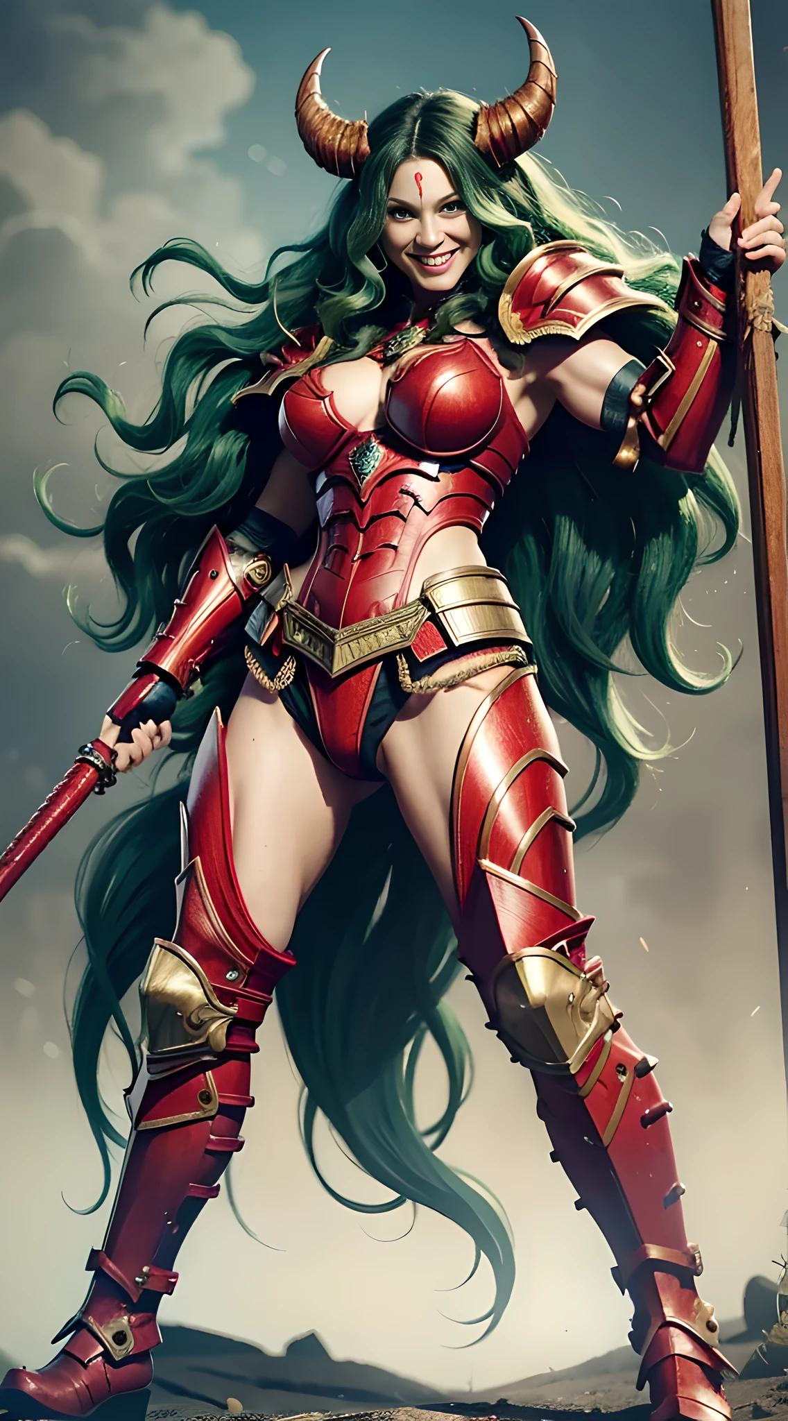 Woman between 32 years old, strong, muscular, model, long hair, demonic smile, manic smile, afro hair, voluminous wavy hair, green hair, optimistic, smiling, cheerful, destroyer, red detailed armor, warrior, red epic armor, red divine armor, red infernal armor, red devilish armor, conan, womanizer, muscles, whole body, full body