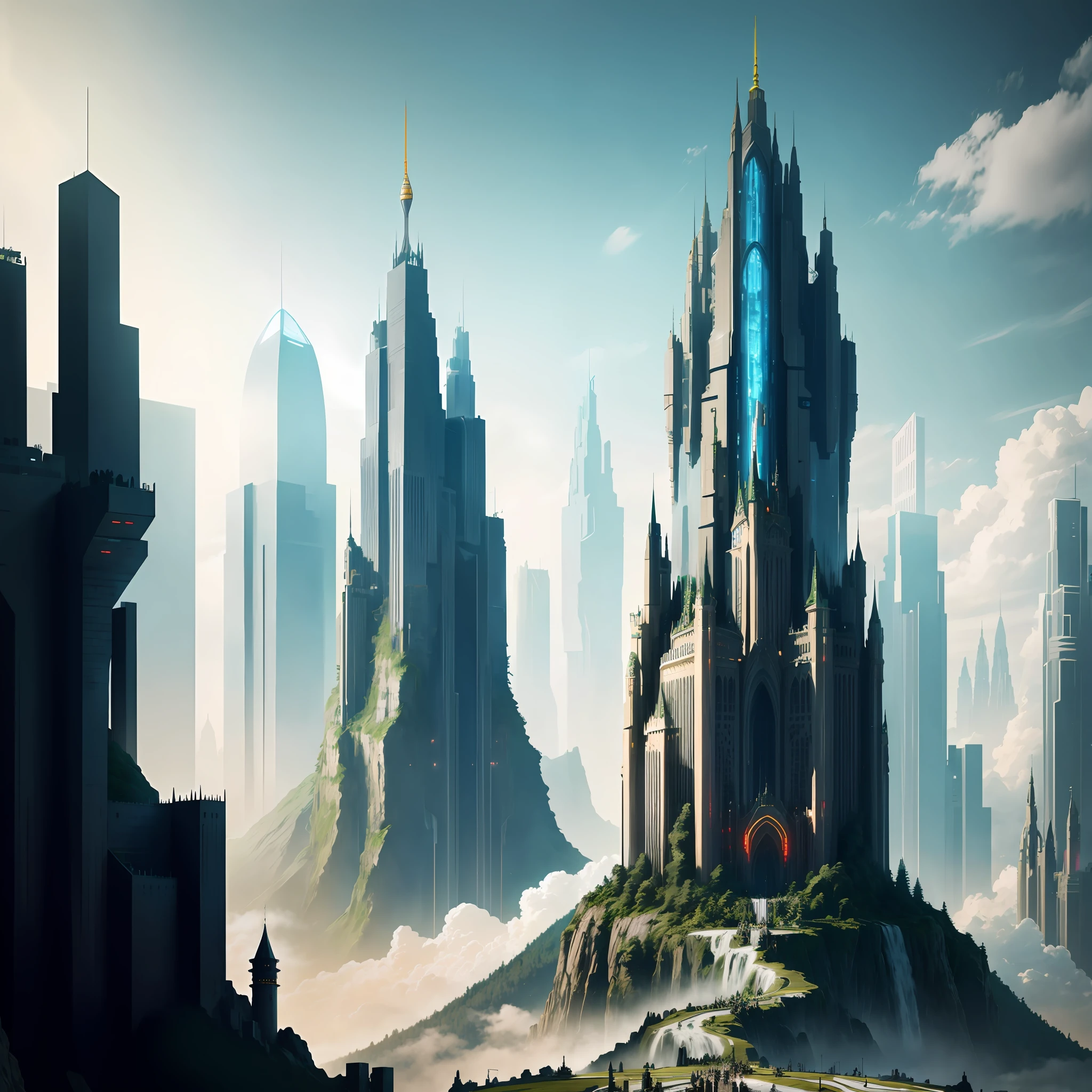 skyscrapers huge castle huge waterfall top quality super high definition nature cyberpunk masterpiece utopia fantasy