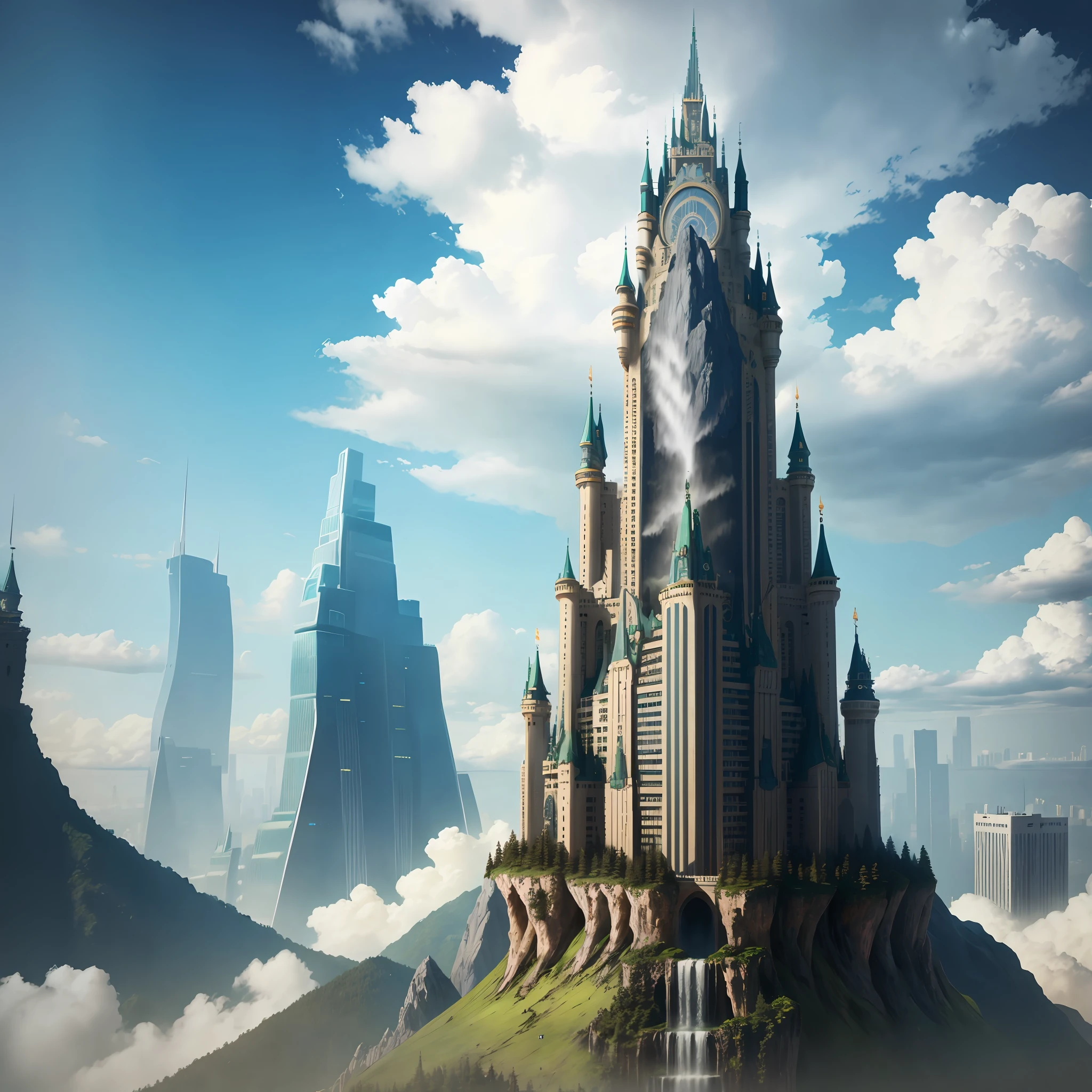 skyscrapers huge castle huge waterfall top quality super high definition nature cyberpunk masterpiece utopia fantasy