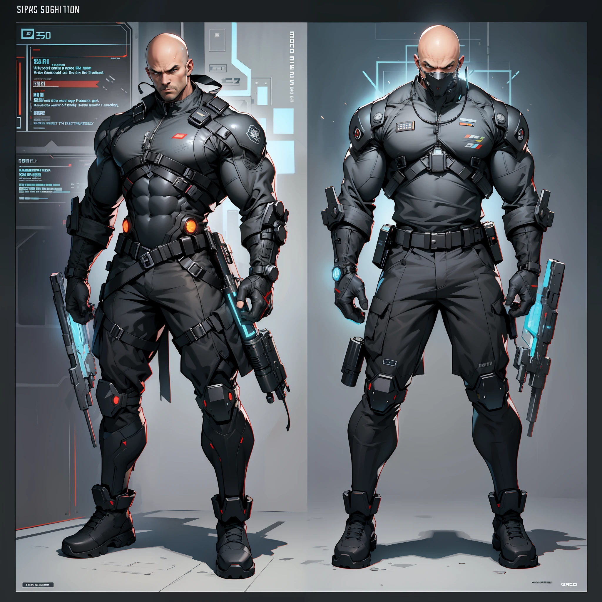 character sheet, full body front and back, cyberpunk, holding huge minigun, tech weapon, black suit, bald, military boots, scientist, science white lab coat, muscle man, intricate detail, high detail, full color, perfect anatomy, centered, approach to perfection, 4k , cinematic dramatic atmosphere, artstation, concept art, fluid and sharp focus, volumetric lighting, cinematic lighting