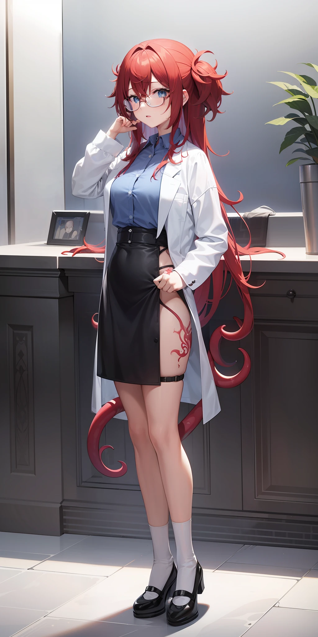 ((Masterpiece, Best Quality)), (Complex Lighting), Solo, Full Body, 1 Girl, Susan Test, Lab Coat, Blue Eyes, Glasses, Red Hair, Long Hair, Pastel Blue Shirt, Yellow Star Hairpins, White Socks, Black Skirt, Mary Jane Shoes, Square Glasses, A Woman is Riding a Big, Stomach Tattoo, Open Legs Female genital insertion tentacles love, tentacles inserted into genital tentacles, tentacle pits, groups of tentacles, open legs) all white liquid eyeballs up and down, The abdomen is strongly lit, there are no clothes on the body, only tattoos. There is a white mist at the corner of the mouth, a milky white mist at the corner of the mouth, a white viscous liquid in the mouth, a large amount of white viscous liquid in the mouth, tentacles are inserted into the female genitalia and in large quantities, tentacles, penetration, female genitalia lay eggs