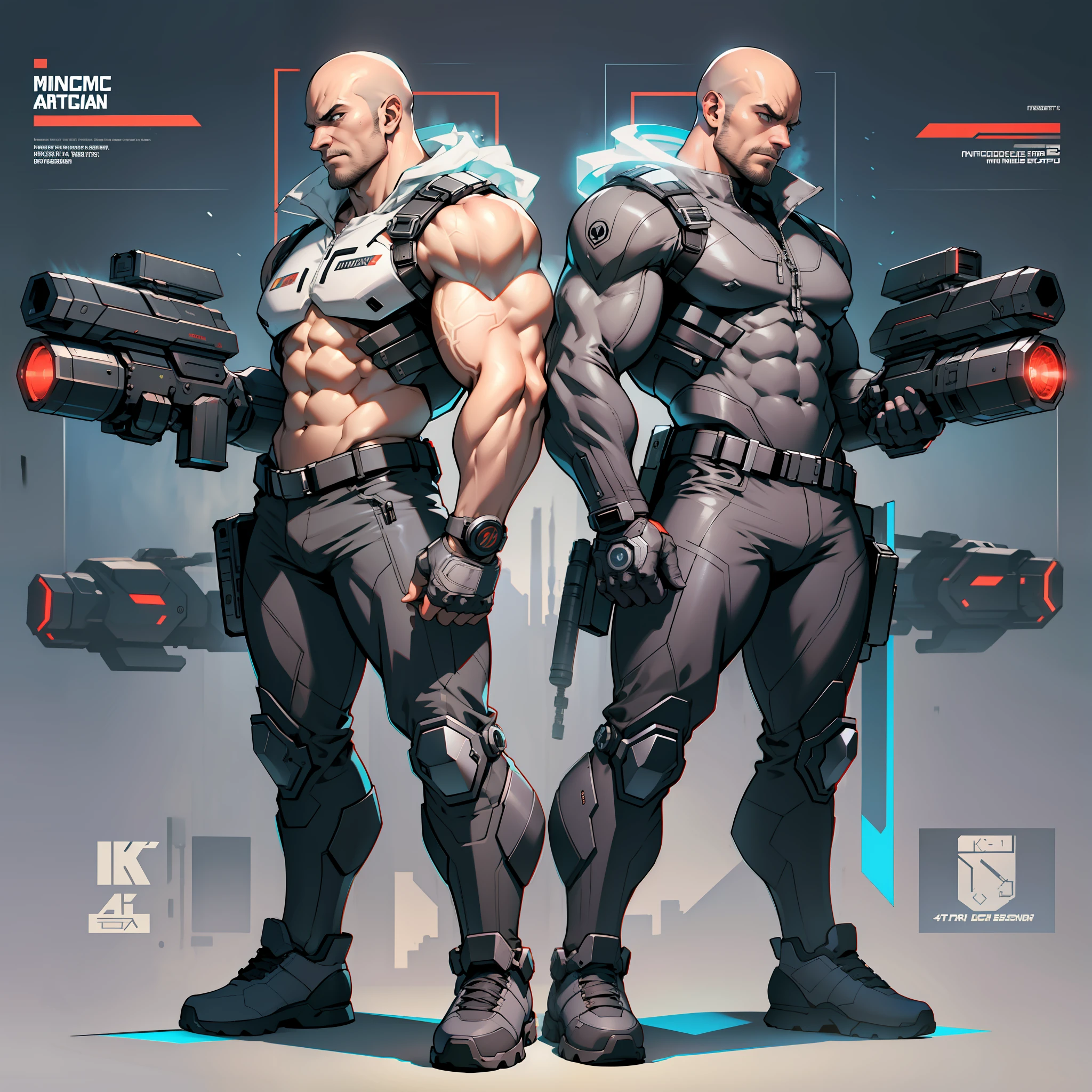 character sheet, full body front and back, cyberpunk, holding huge minigun, tech weapon, black suit, bald, military boots, scientist, science white lab coat, muscle man, intricate detail, high detail, full color, perfect anatomy, centered, approach to perfection, 4k , cinematic dramatic atmosphere, artstation, concept art, fluid and sharp focus, volumetric lighting, cinematic lighting