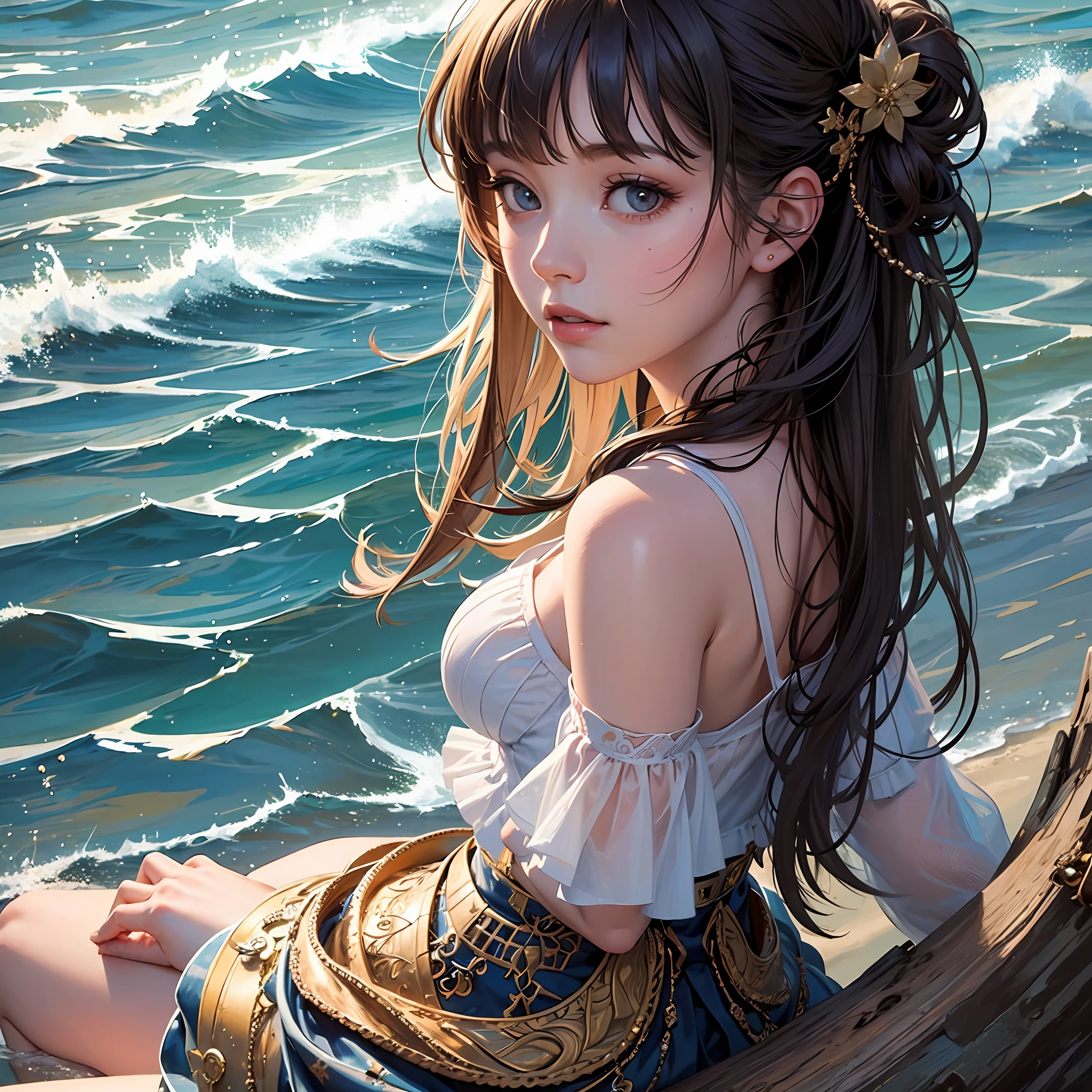 ((Best quality)), ((Masterpiece)), (detailed), a costumed girl sitting on the beach looking back --auto --s2