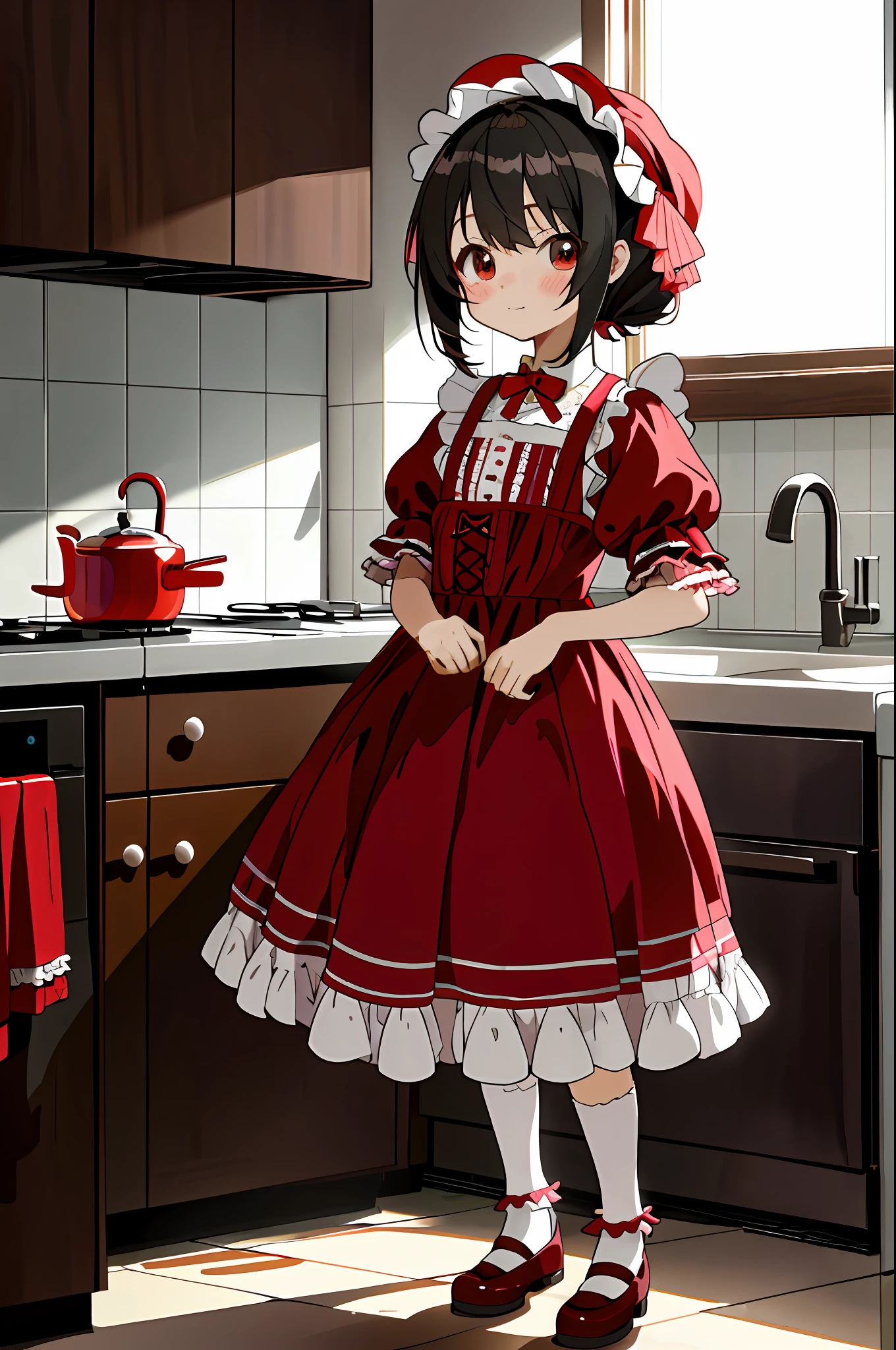 anime girl in a red dress standing in a kitchen, loli in dress, cute anime waifu in a nice dress, small curvy loli, small loli girl, anime visual of a cute girl, anime girl in a maid costume, splash art anime loli, portrait of lolita, loli, dressed in a frilly ((ragged))