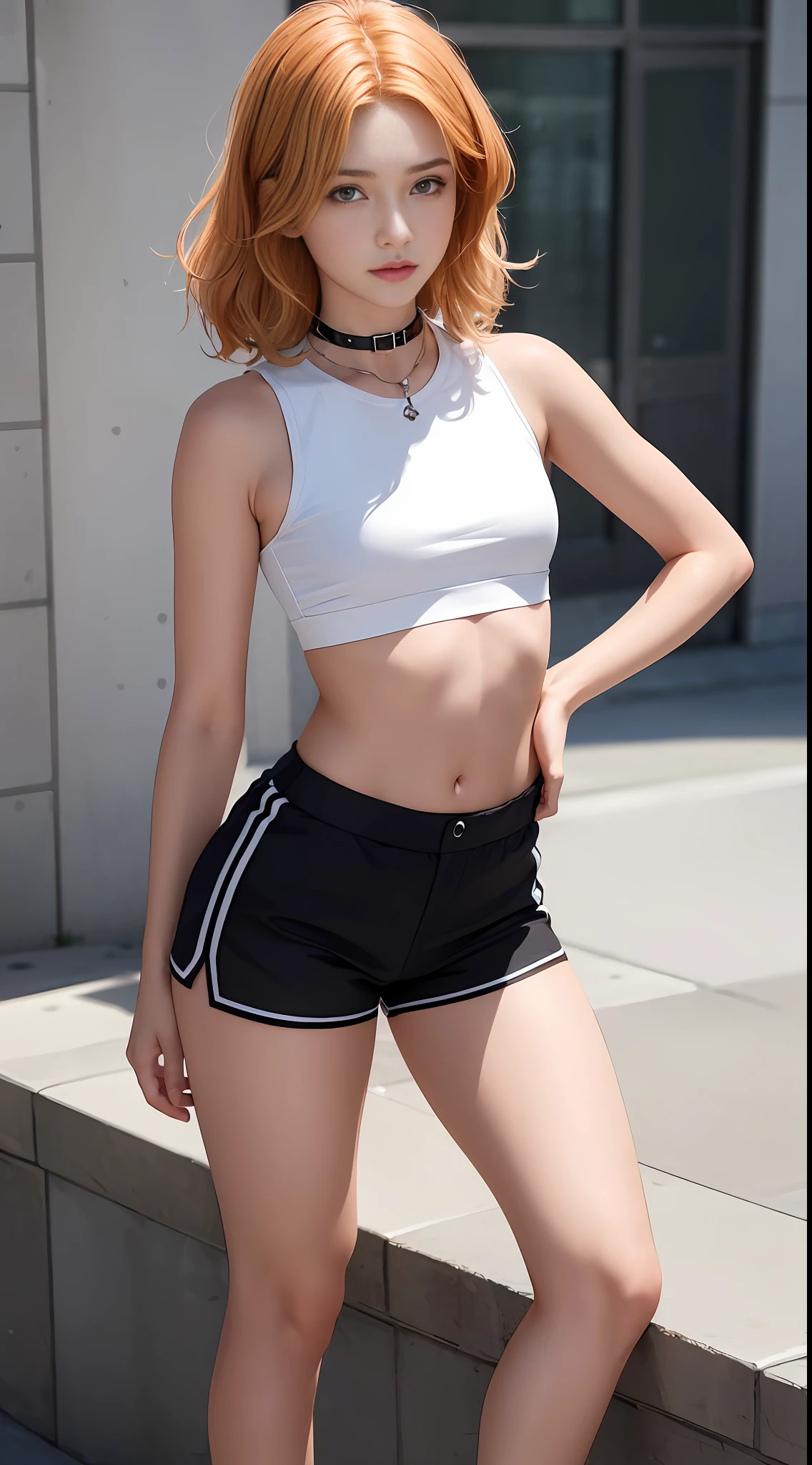 ((medium chest, tomboy, small head)), (cropped abdomen: 1.1), (perfect body: 1.1), (short wavy hair: 1.2), light orange hair, collar, chain, full body, workout, sweat, femboy, futa ((shorts)), (extremely detailed CG 8k wallpaper), (extremely delicate and beautiful), (masterpiece), (best quality: 1.0), (ultra high resolution: 1.0), beautiful lighting, perfect lighting, realistic shadows, [high resolution], detailed skin,  super detailed (((color)))), knees, lowered