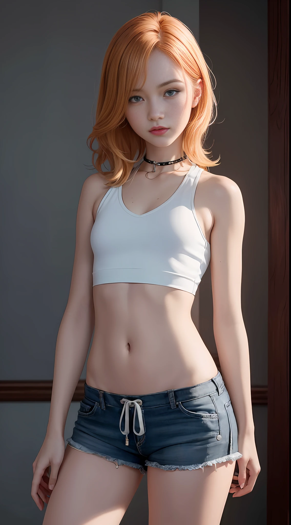 ((medium chest, tomboy, small head)), (cropped abdomen: 1.1), (perfect body: 1.1), (short wavy hair: 1.2), light orange hair, collar, chain, full body, workout, sweat, femboy, futa ((shorts)), (extremely detailed CG 8k wallpaper), (extremely delicate and beautiful), (masterpiece), (best quality: 1.0), (ultra high resolution: 1.0), beautiful lighting, perfect lighting, realistic shadows, [high resolution], detailed skin,  super detailed (((color)))), knees, lowered