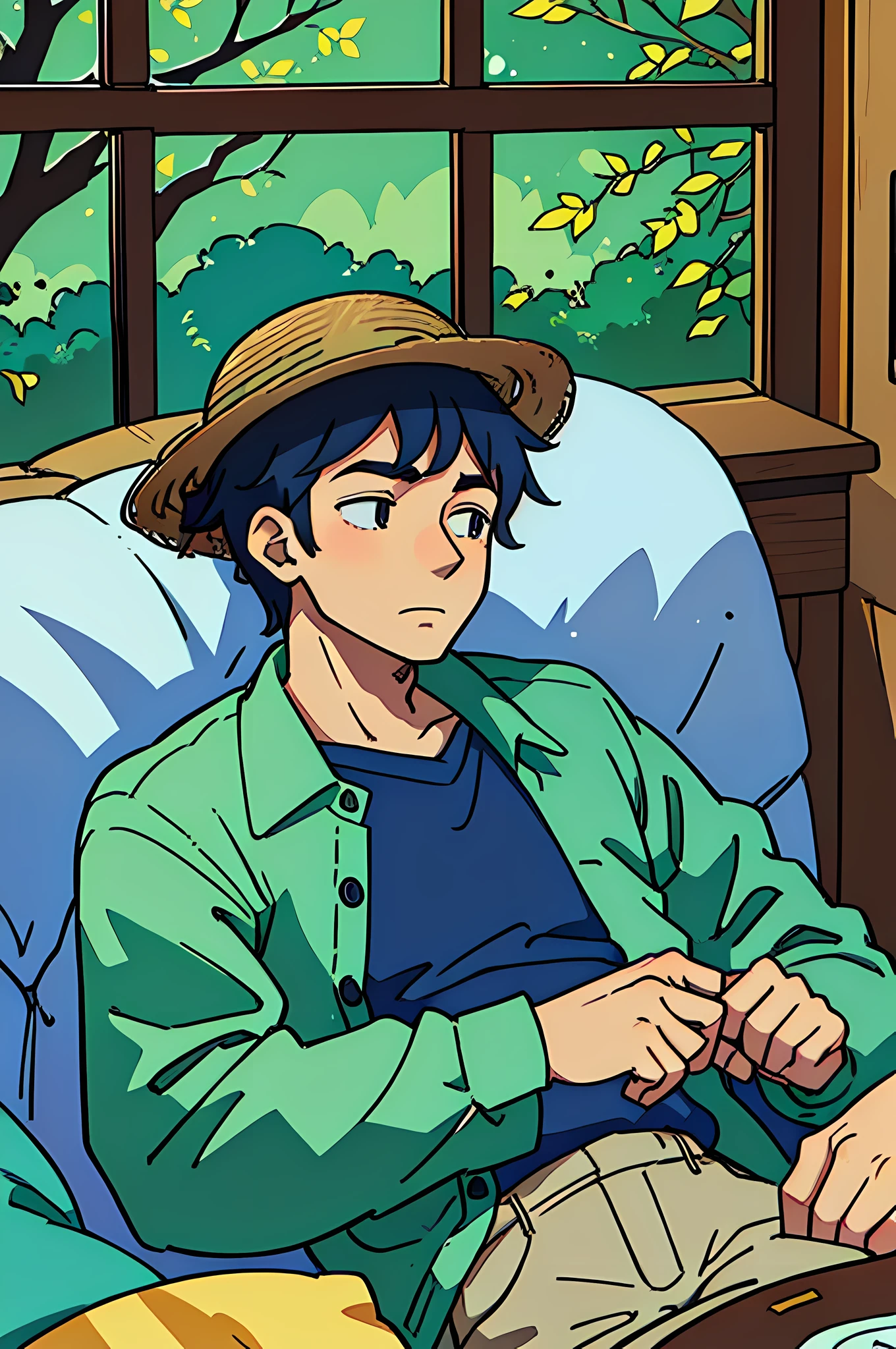 (best quality: 0.8), (best quality: 0.8), perfect anime illustration, interior of a charming and cozy cottage in the woods, young man lying on the couch, sleeping, straw hat on his face, 8k