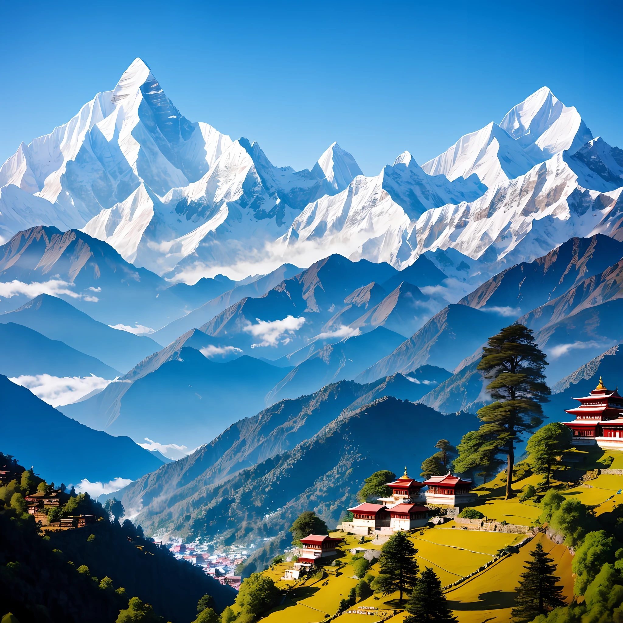 The Himalayas towered majestically in the distance, their snow-capped peaks stretching toward the sky like icy fingers. As observers get closer, they can see the mountains shrouded in a layer of mist and clouds, with rugged slopes and jagged ridges softened by diffuse light. The air was clean and clear, with pine and juniper in the breeze. Beneath the mountains, valleys stretch out in a patchwork of green terraces, with glistening streams and waterfalls visible in the distance. Clusters of colorful houses dot the hillside, with bright paint and ornate decorations standing out against the surrounding landscape. Monasteries or temples can be seen here and there on the top of the hill, their white walls glistening in the sunlight. Prayer flags fluttering in the wind, bright colors contrasting with the soft tones of the mountains, HDR, UHD, 64K