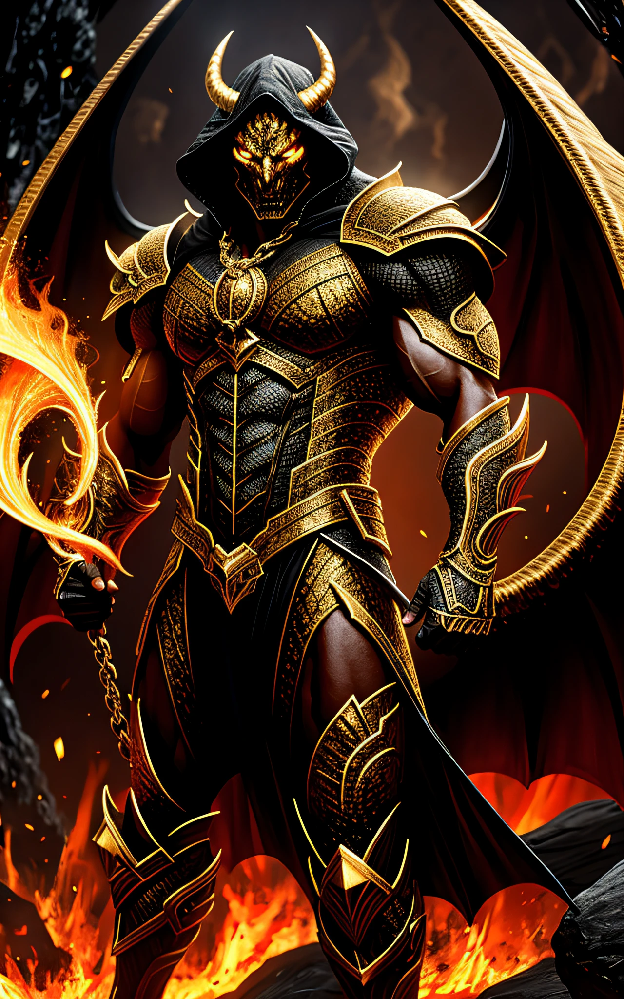 (high quality), photorealistic, (oil painting) jewelry, (solo), (dynamic pose), to the right, ((gate of hell)), fire, landscape of hell, (the underworld), (dark landscape), dragon, humanoid, muscular, (holding golden scales), dynamic pose, cinematic, dramatic camera angle, golden armor: 0.25, black and gold cover, (good anatomy), (good proportions), award-winning, masterpiece, centered,