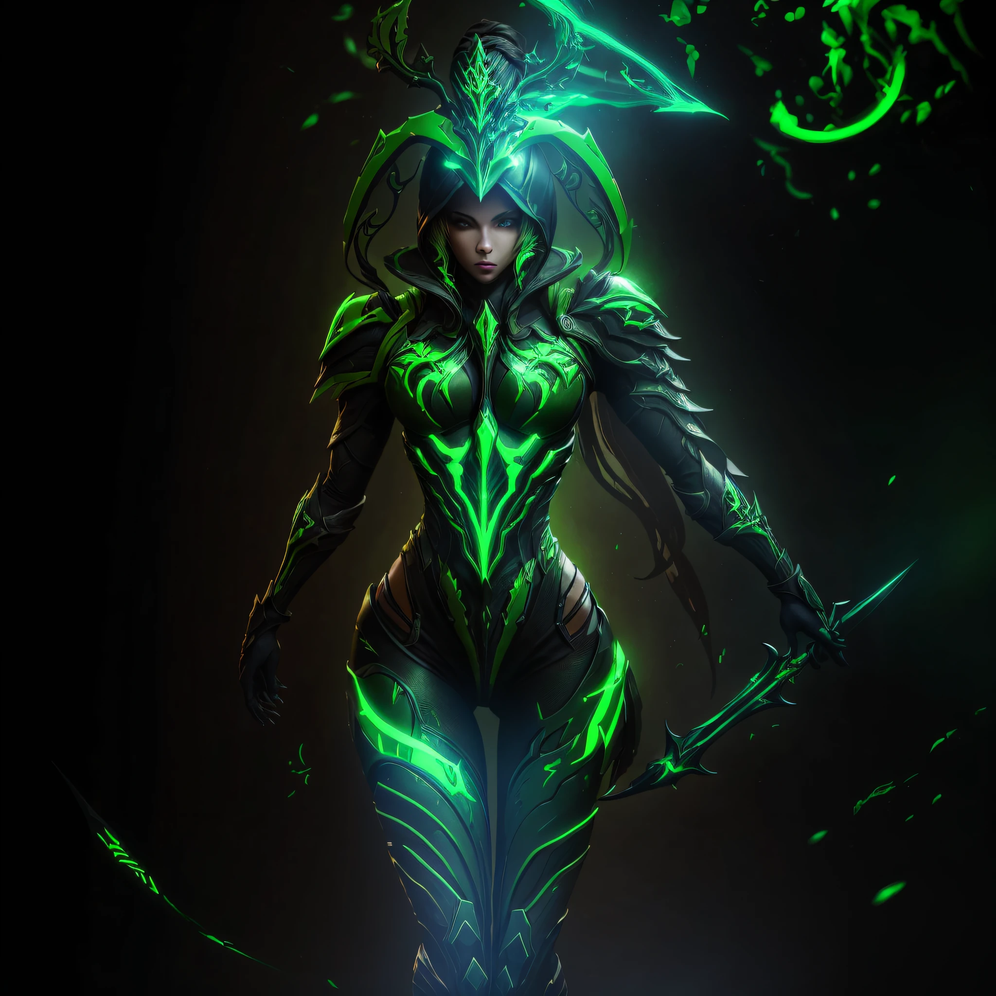 Bright green warframe body armor, poisonous spears glow, intense green magic.
