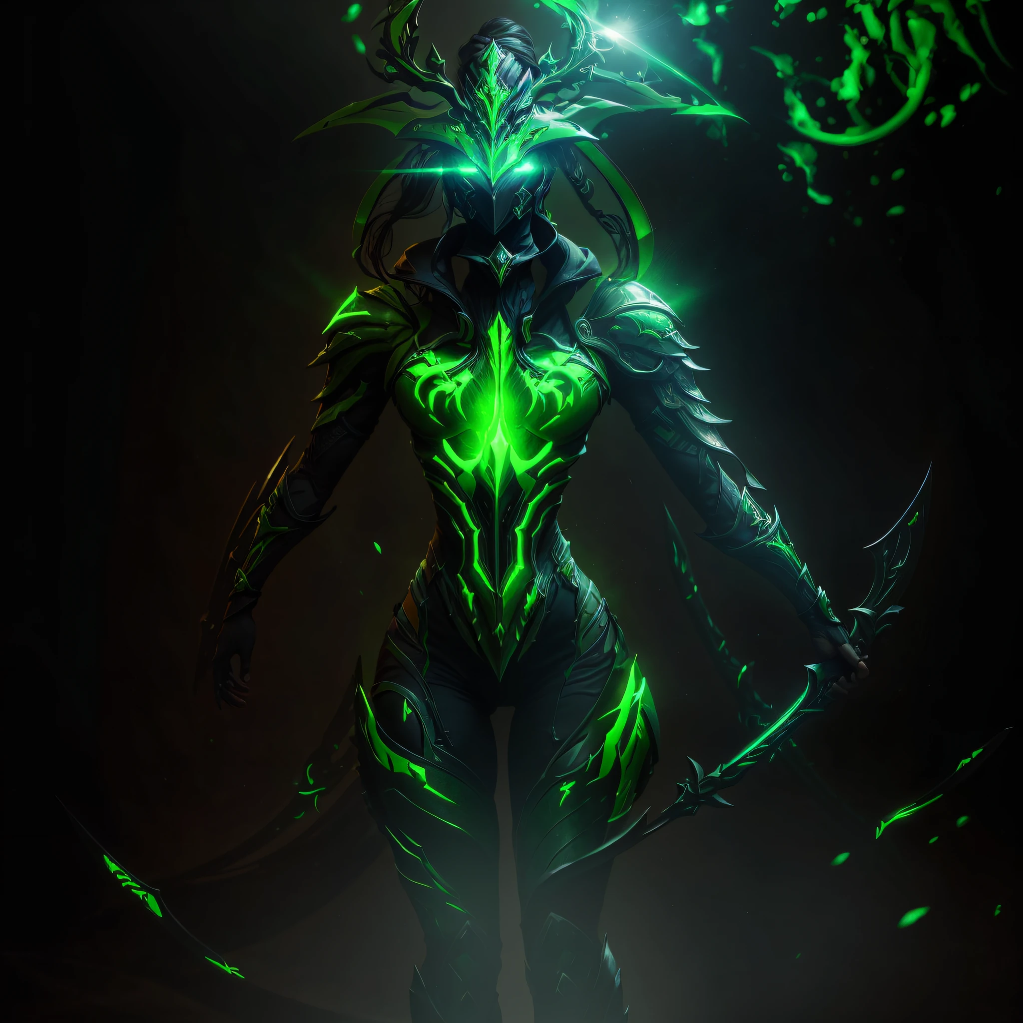 Bright green warframe body armor, poisonous spears glow, intense green magic.
