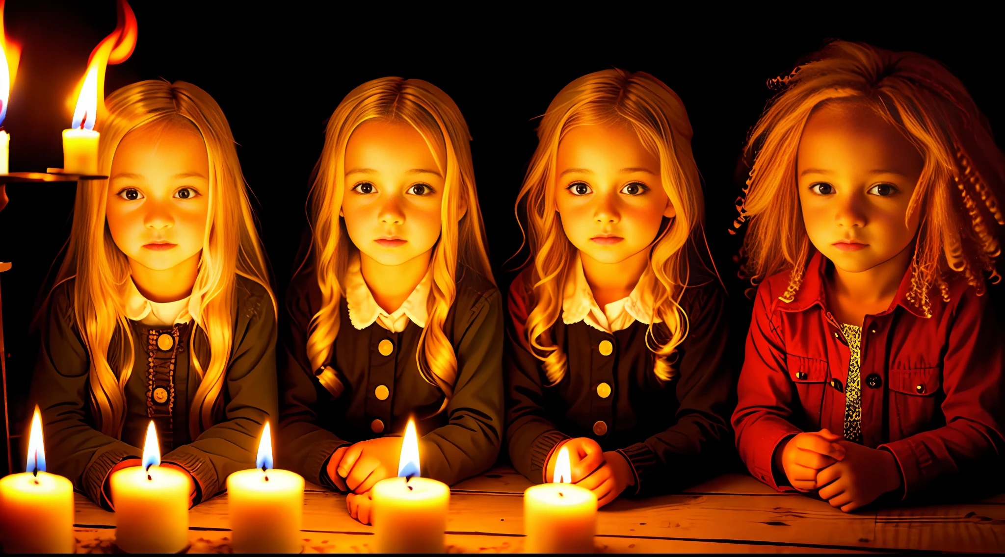 children girl BLONDES WITH LOCKS, RED BACKGROUND, CANDLES WITH FIRE,