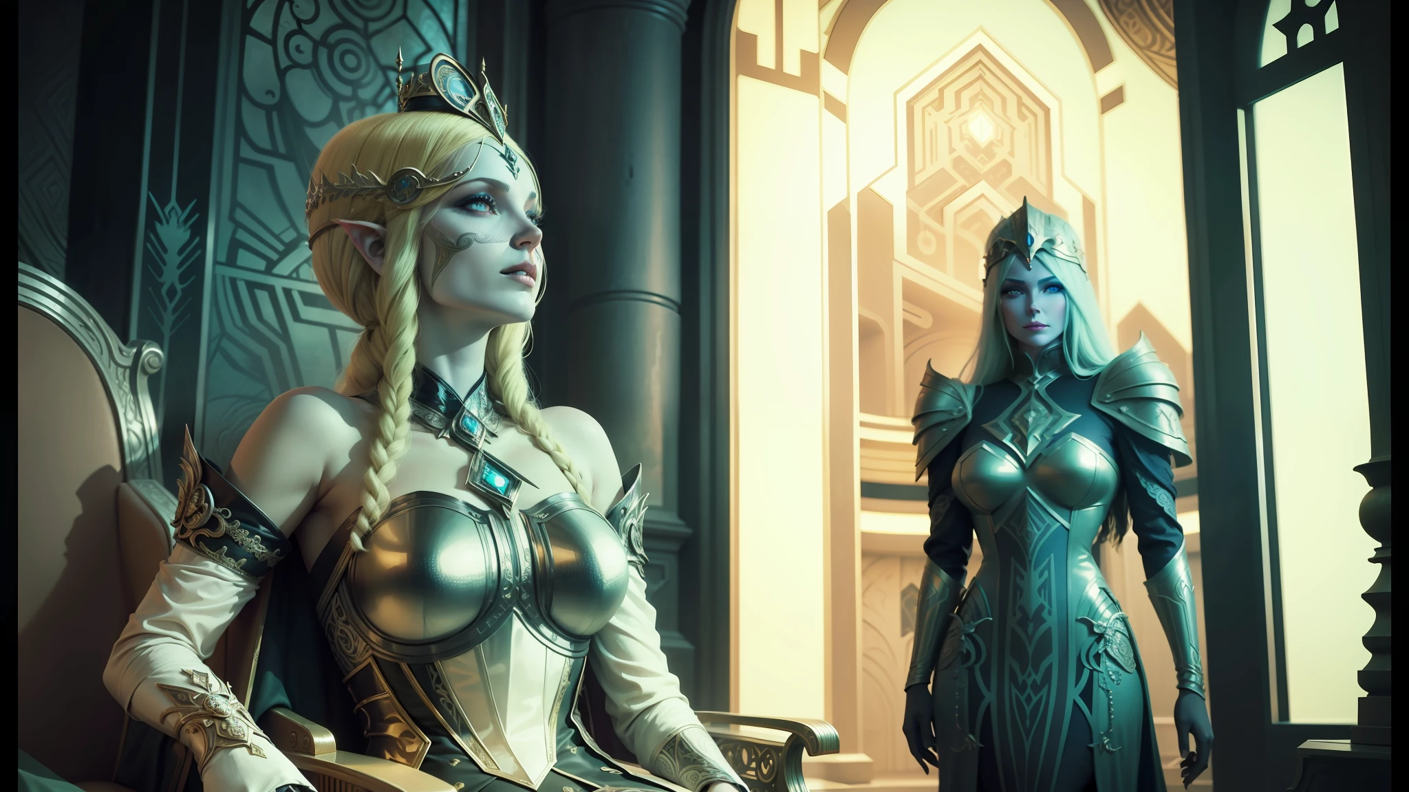 there are two costumed women sitting in a chair, elden ring cinematic lighting, futuristic persian palace, still from the mandalorian show, boris artzybasheff and hr giger, blonde elven empress, 3 - d 8 k, ( ( ( art deco ) ) ), warcraft, beautiful necromancer, prophecy --auto --s2
