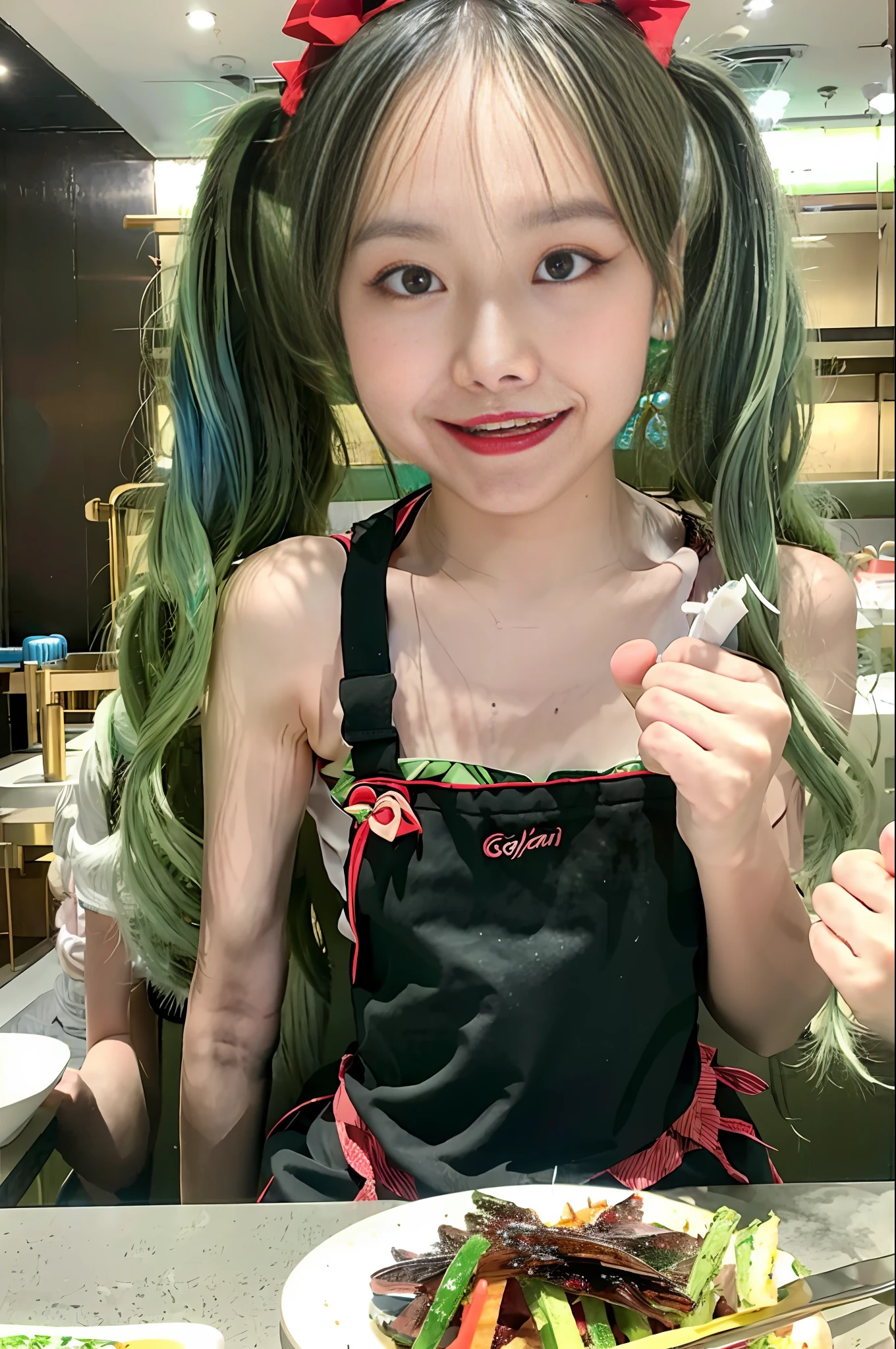 masterpiece, best quality, pov, 1girl,long hair,hatsune miku,headgear,green hair,twintails,apron,smile,table,food,eating,restaurant
