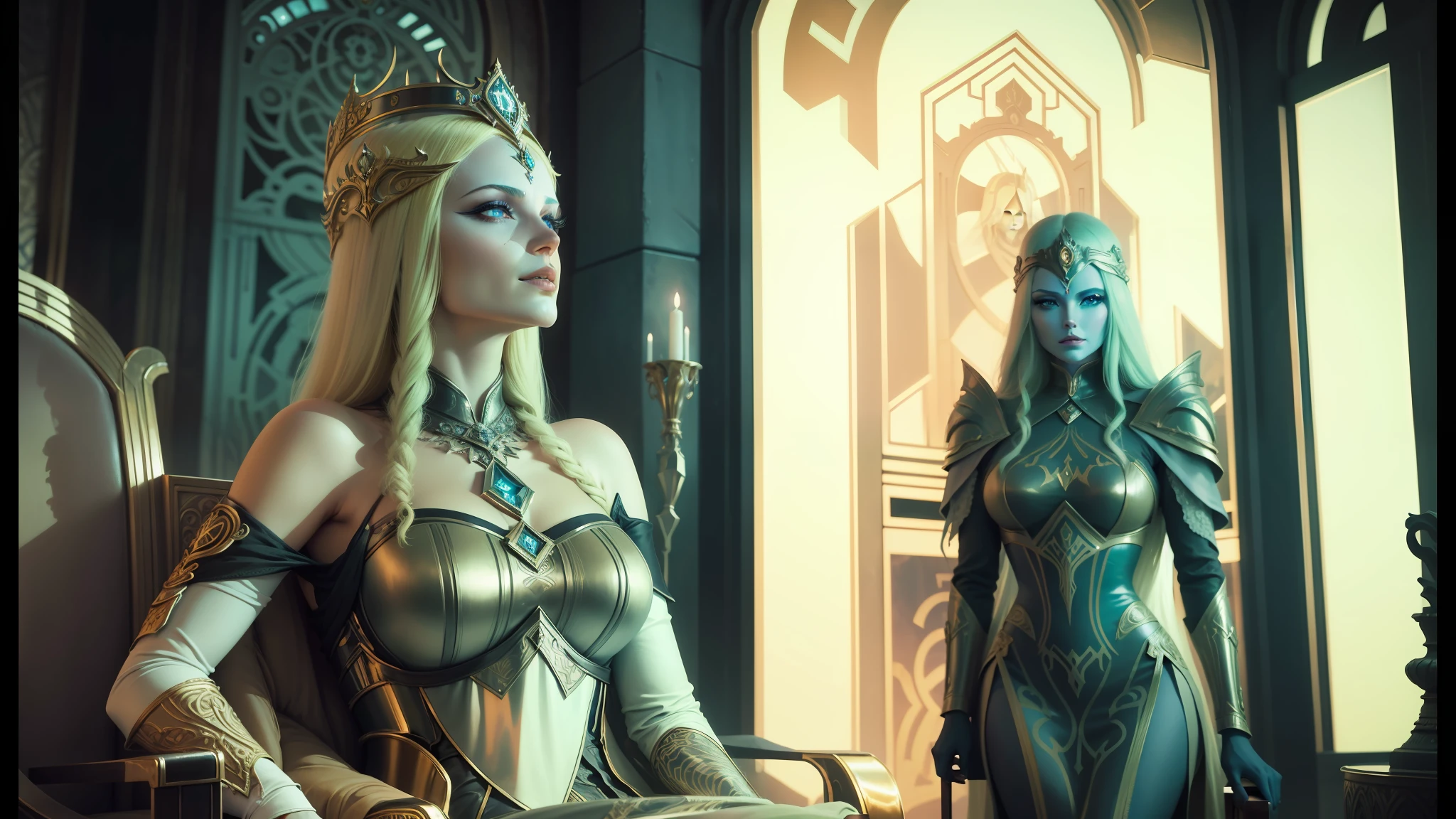 there are two costumed women sitting in a chair, elden ring cinematic lighting, futuristic persian palace, still from the mandalorian show, boris artzybasheff and hr giger, blonde elven empress, 3 - d 8 k, ( ( ( art deco ) ) ), warcraft, beautiful necromancer, prophecy --auto --s2