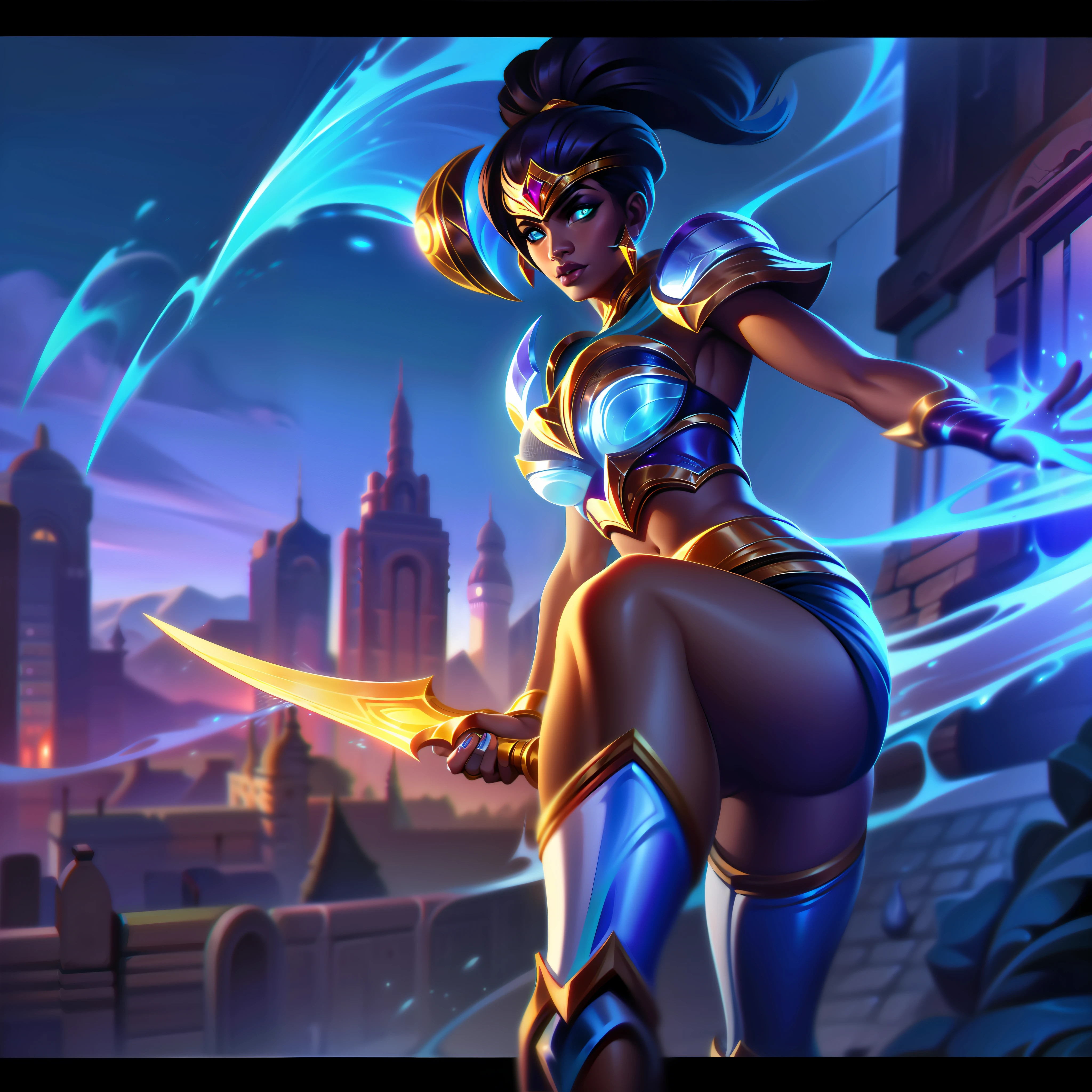 mulher + african + dark skin + shine water + badass splashart, splashart, splashart de League of Legends, arte, pincelada, obra-prima, 8k, ultra detalhado, HD