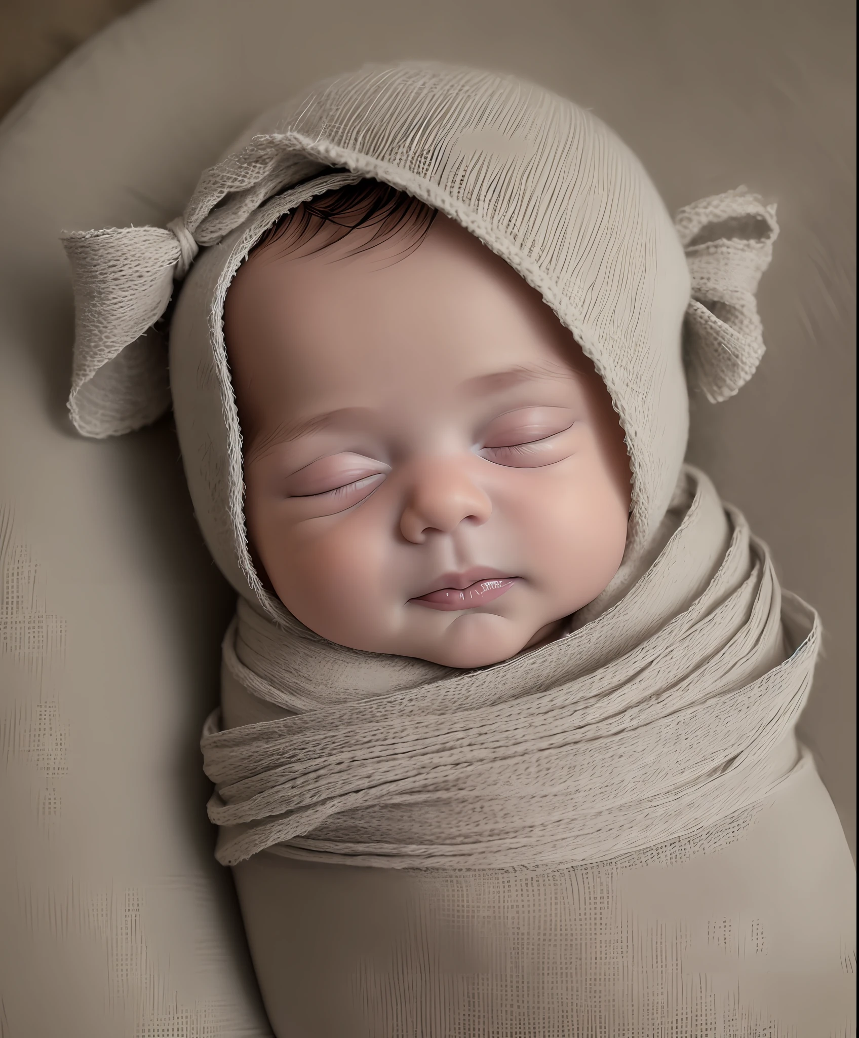 a newborn baby in prop gamela, wrapped in cloth with bow on head, newborn photo, essay, 8k, photo, Canon, 16:9 --auto --s2