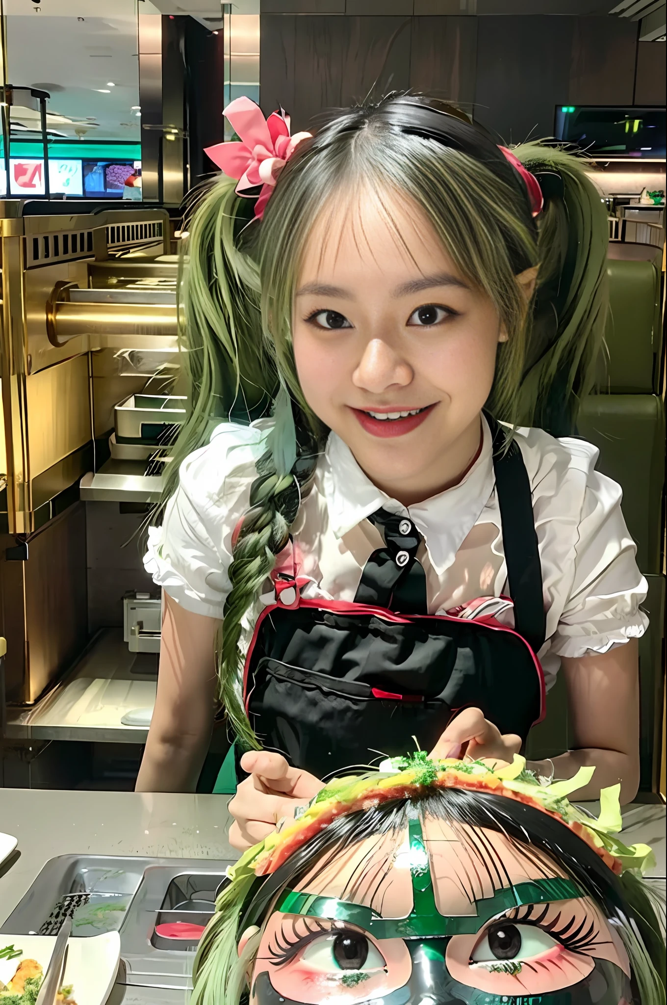masterpiece, best quality, pov, 1girl,long hair,hatsune miku,headgear,green hair,twintails,apron,smile,table,food,eating,restaurant