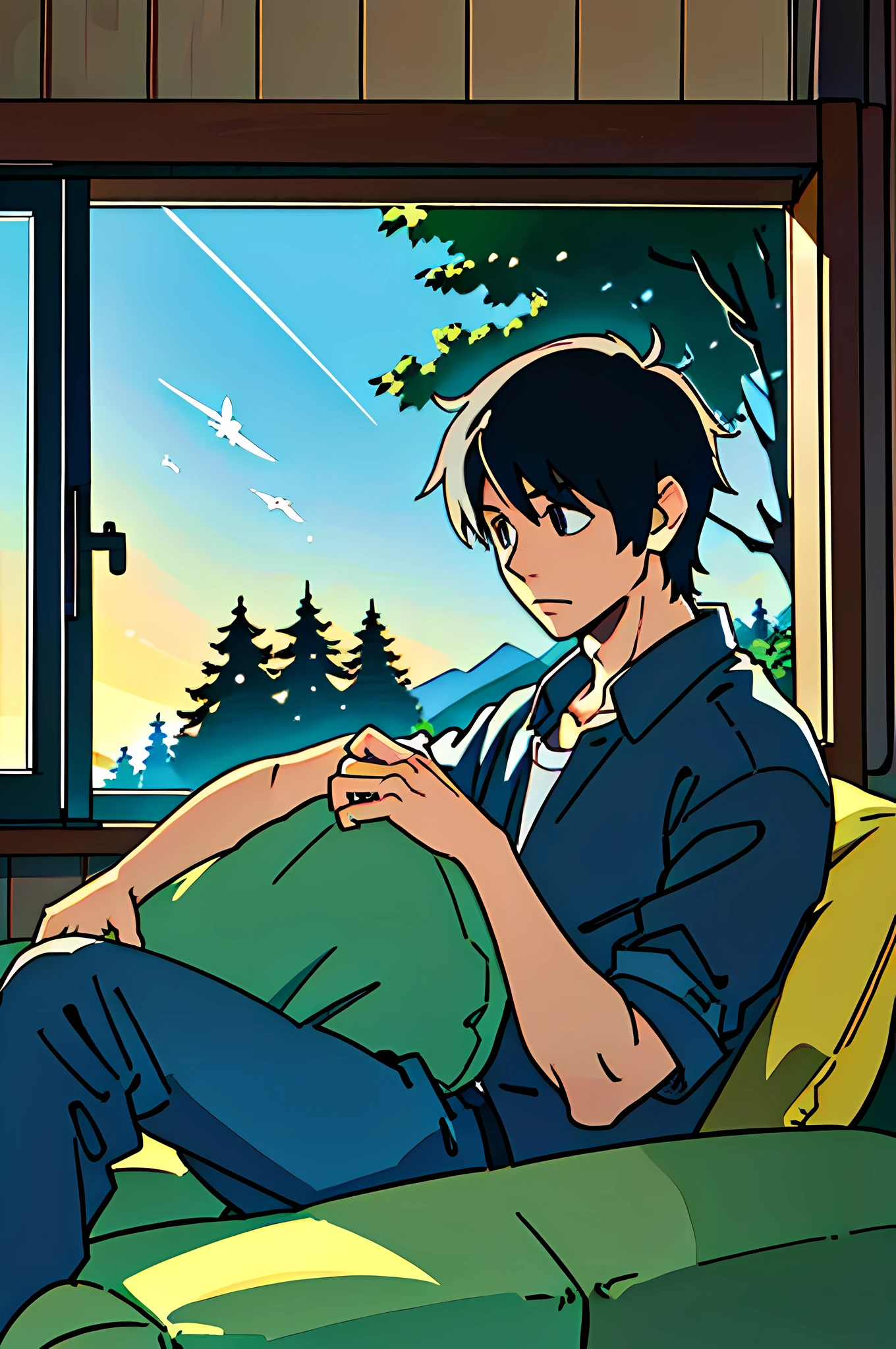 (best quality: 0.8), (best quality: 0.8), perfect anime illustration, interior of a charming and cozy cottage in the woods, young man lying on the couch, sleeping, straw hat on his face, 8k,makoto shinkai, high detailed, beautiful render