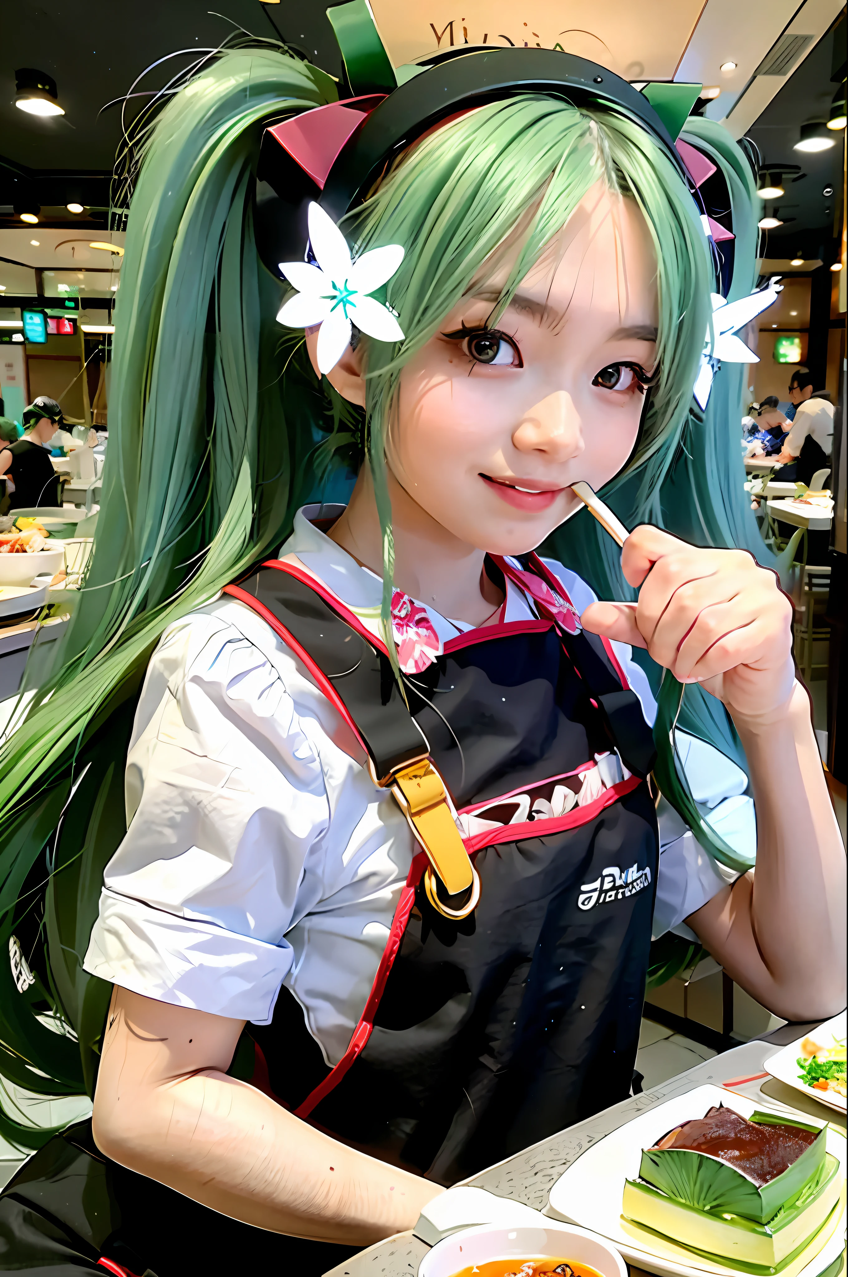 masterpiece, best quality, pov, 1girl,long hair,hatsune miku,headgear,green hair,twintails,apron,smile,table,food,eating,restaurant