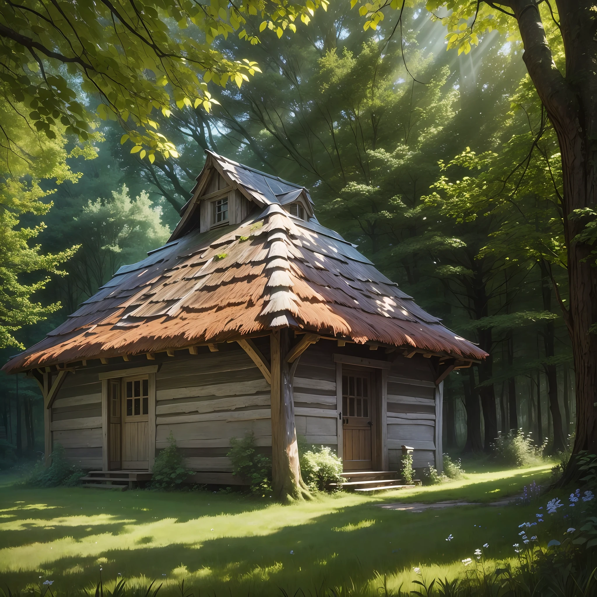 Old wooden cottage, old, medieval, in a clearing, suspensions in the trees, rays of light through the trees, fantastic atmosphere, magical atmosphere --auto --s2