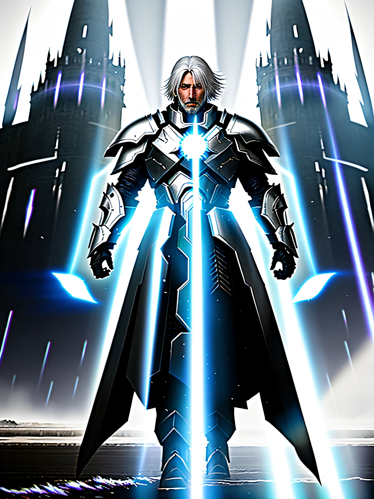 photo full body, white haired man, well defined, no beard, wearing black armor, white eyes, silver aura, not too moscule, generating magic, black fire, war, ahead of a castle, day, rays of sun, blood flying, realism, bloom, speed lines, chromatic aberration abuse, Futurism