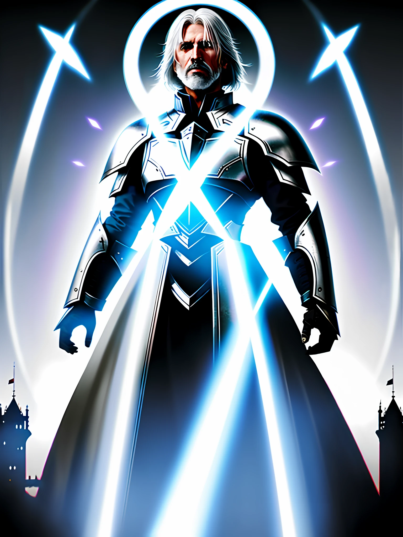 photo full body, white haired man, well defined, no beard, wearing black armor, white eyes, silver aura, not too moscule, generating magic, black fire, war, ahead of a castle, day, rays of sun, blood flying, realism, bloom, speed lines, chromatic aberration abuse, Futurism