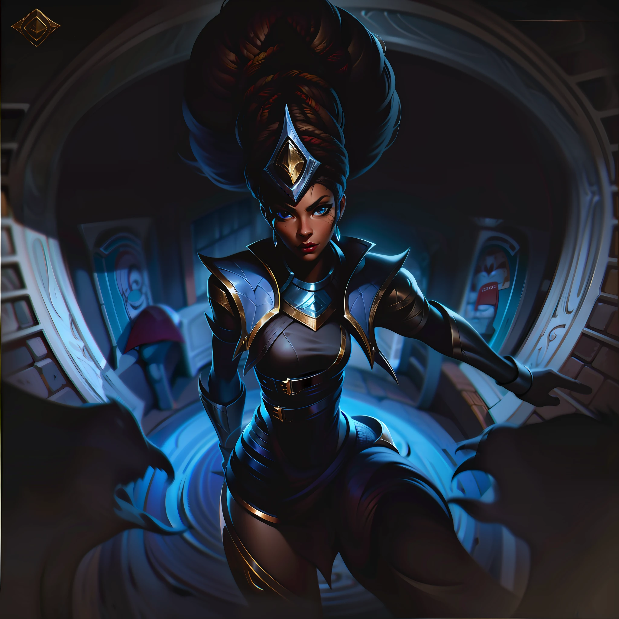 woman + african + dark skin + general + platinum + badass splashart, splashart, League of Legends splashart, art, brushstroke, masterpiece, 8k, ultra detailed, HD