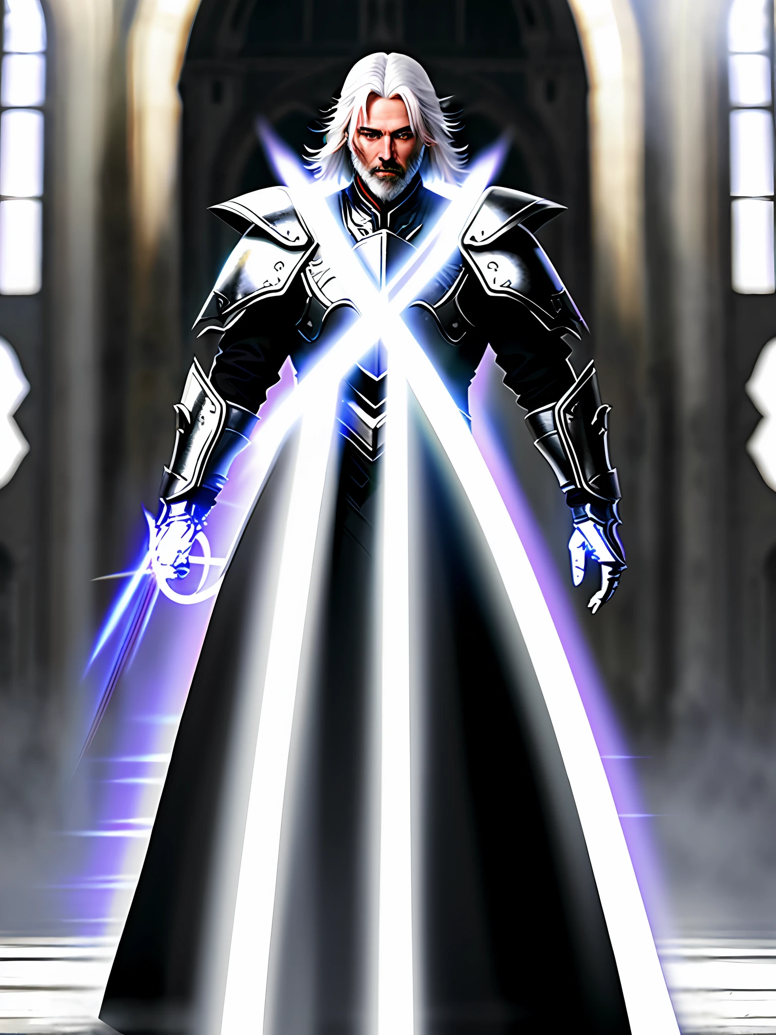 photo full body, white haired man, well defined, no beard, wearing black armor, white eyes, silver aura, not too moscule, generating magic, black fire, war, ahead of a castle, day, rays of sun, blood flying, realism, bloom, speed lines, chromatic aberration abuse, Futurism