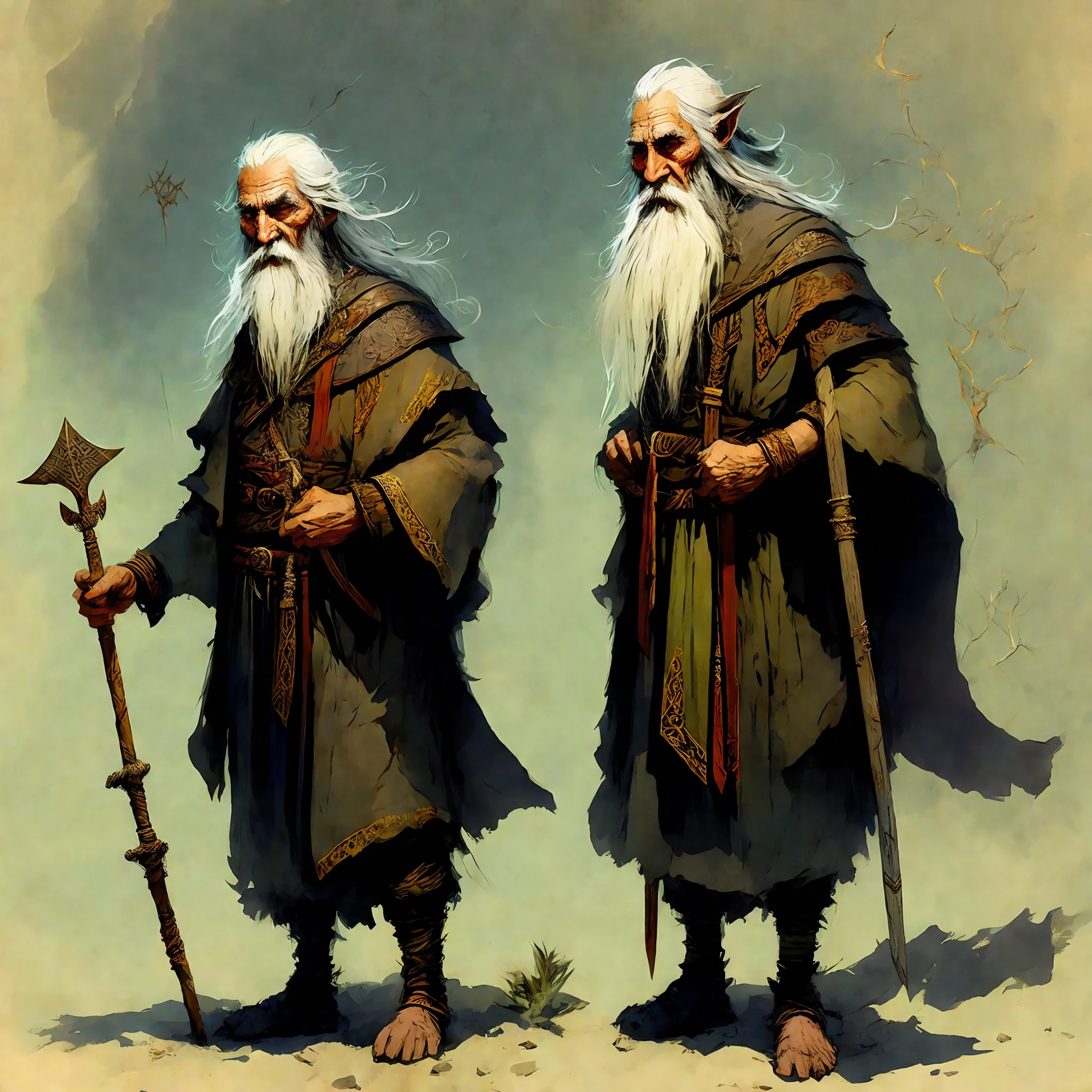Eldorin, the Wise Elder: Eldorin is an elf with a long beard and gray hair. He wears a cloak embroidered with ancient runes and holds a staff carved with arcane symbols. As the oldest and wisest of his people, Eldorin is a counselor and mentor, possessing deep knowledge of elven history, magic, and the secrets of the universe. Art style Frank Frazetta