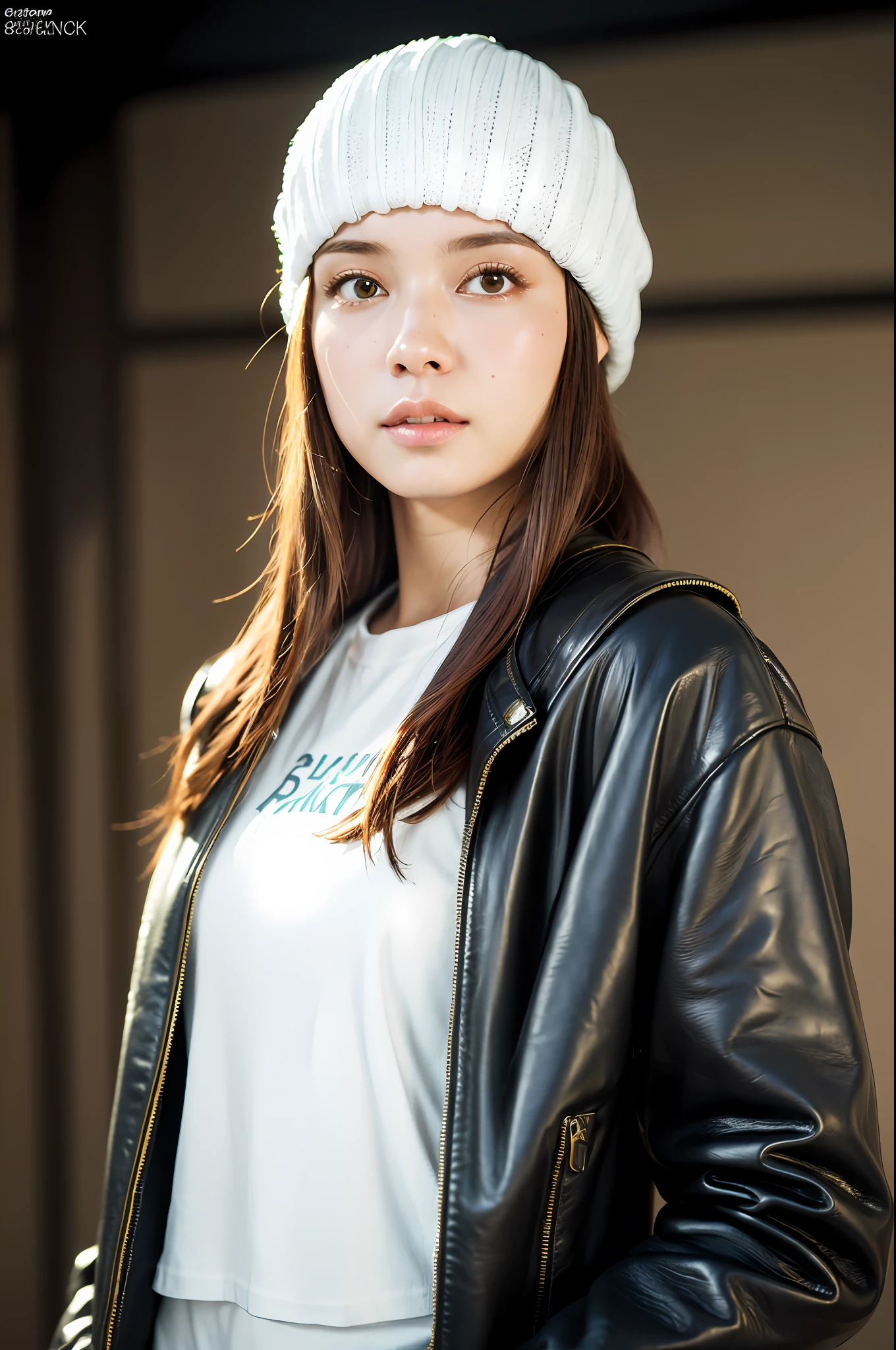 ((8k:1.27), best quality, masterpiece, ultra highres:1.2) Photo of a beautiful Brazilian (linda:1.1) (science fiction warrior woman:1.1) space soldier, (beanie:1.61) (leather jacket:1.21) intricate elegant, costumed, detailed, metric by greg rutkowski and alphonse mucha, gradient lighting