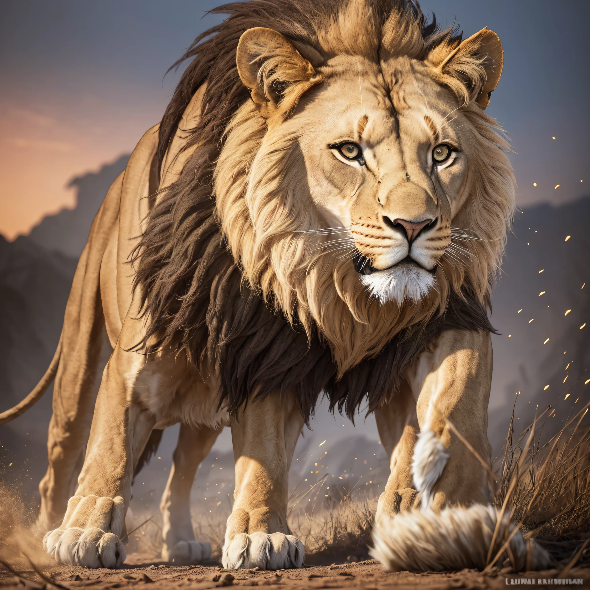 /Imagine: Lion of the tribe of Judar preparing an attack on his prey. 8k, uhd, severe low lighting, high quality,real, photoshoot, realistic, perspective, luminescent, bright colors, illusion, atmospheric scene, masterpiece, best quality,rich colors, hyper realistic, realistic texture, sharp focus, fujifilm XT3 --auto --s2