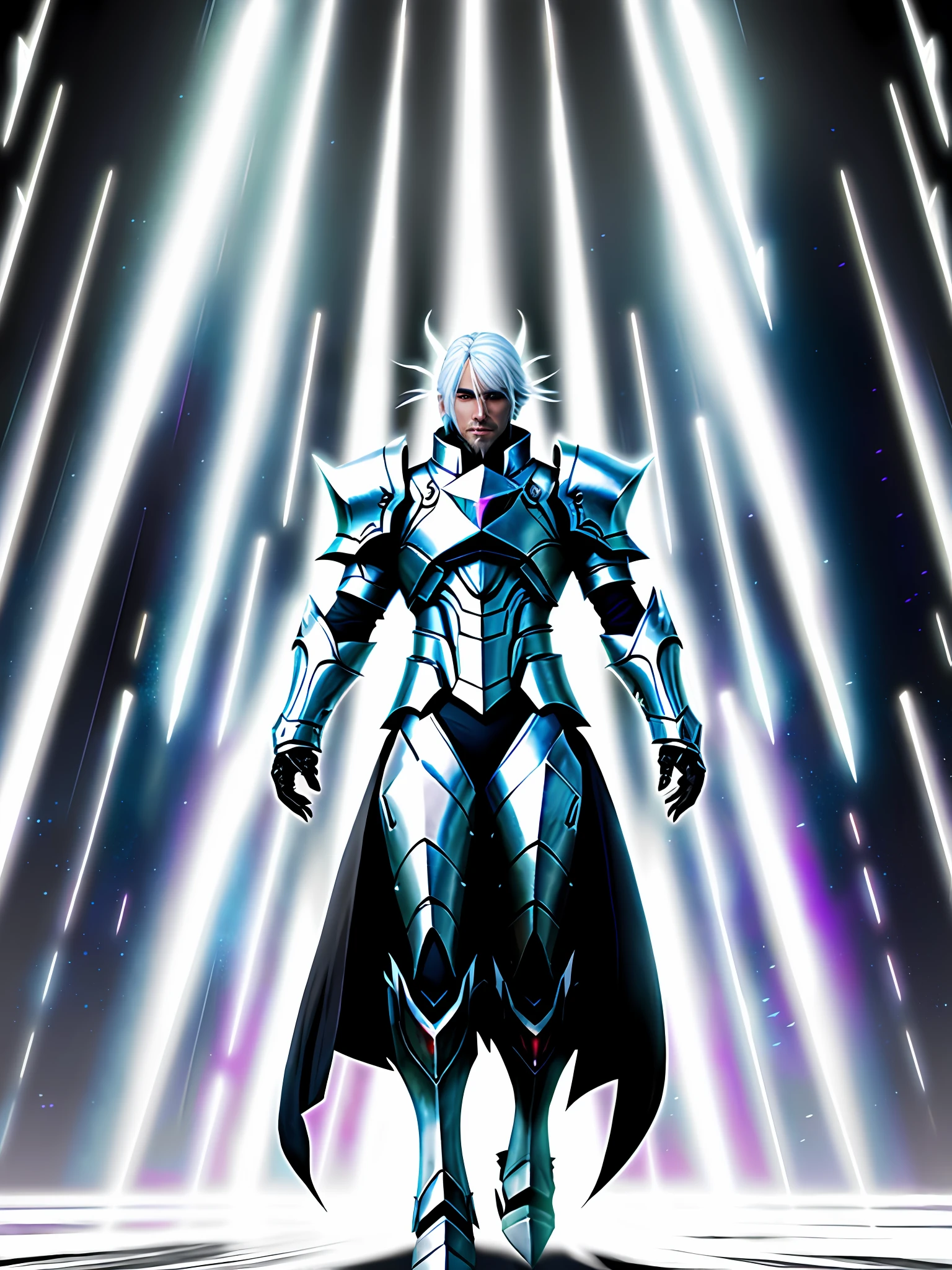 Full body photo, white haired man, brm defined, no beard, wearing black armor, white draconic eyes, silver aura, not too moscule, generating magic, black fire, war, rainy day, sunbeams, flying blood, realism, bloom, speed lines, chromataberration abuse, Futurism
