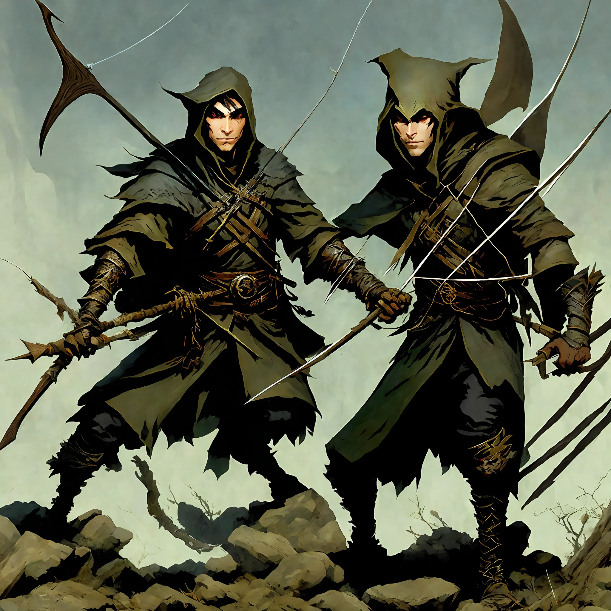 Valenar, the Shadow Archer: Valenar is an elf with black hair and pale skin. He wears a dark, hooded cloak, allowing him to blend in with shadows. His bow is made of black wood and his arrow is poisoned. Valenar is an expert archer and poacher, employed as a silent assassin or spy by the elves. Art style Frank Frazetta