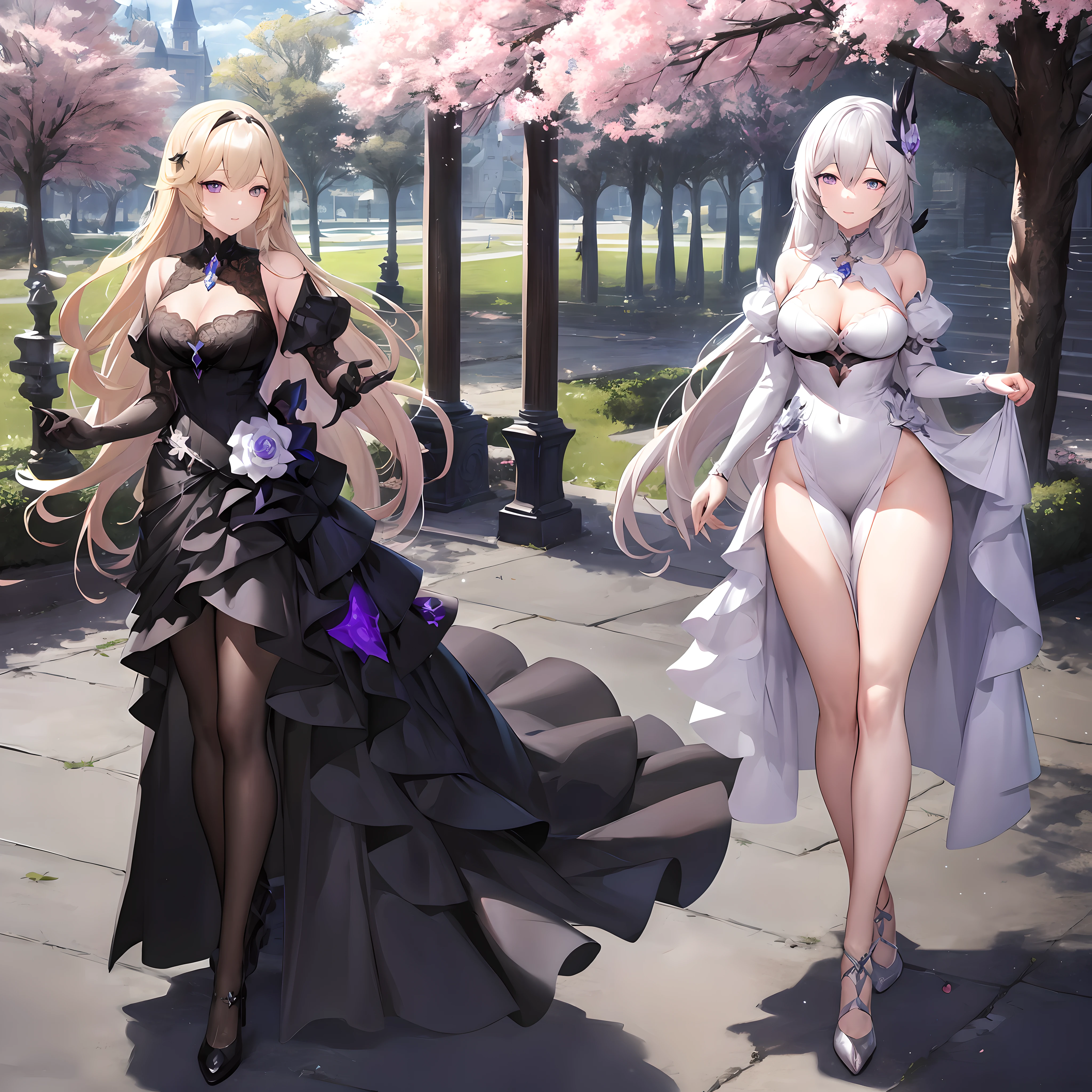 Rita Rossweisse, honkai impactbeautiful woman with long blonde hair slightly greyed and black dress with long purple layered,nice,extremely detailed with many elegant details, posing in front of a castle in the middle of a nice plateau, beautiful day, flying birds,fine details. cushart krenz key art,shadowverse style,cg,sexy,extremely detailed,hair ornament,adult,30 years,yummy,masterpiece.best quality,high heels,lilac eyes,extremely defined body,thin waist,dynamic lights and shadows.cherry trees,antagonist,alone in image,many details in scenery