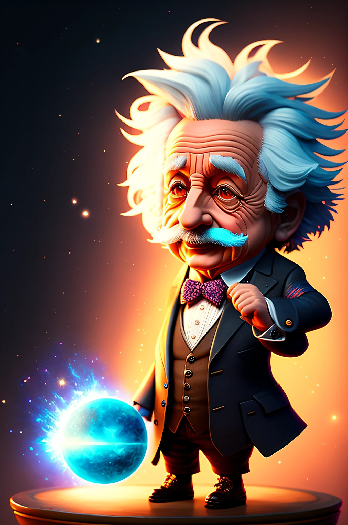 (DreamLikeArt: 1.2), Splash Art Portrait Painting (Chibi Albert Einstein: 1.3), Cinenatic lighting, highly detailed color of background universe, Albert Einstein doing magic, shaking the sun